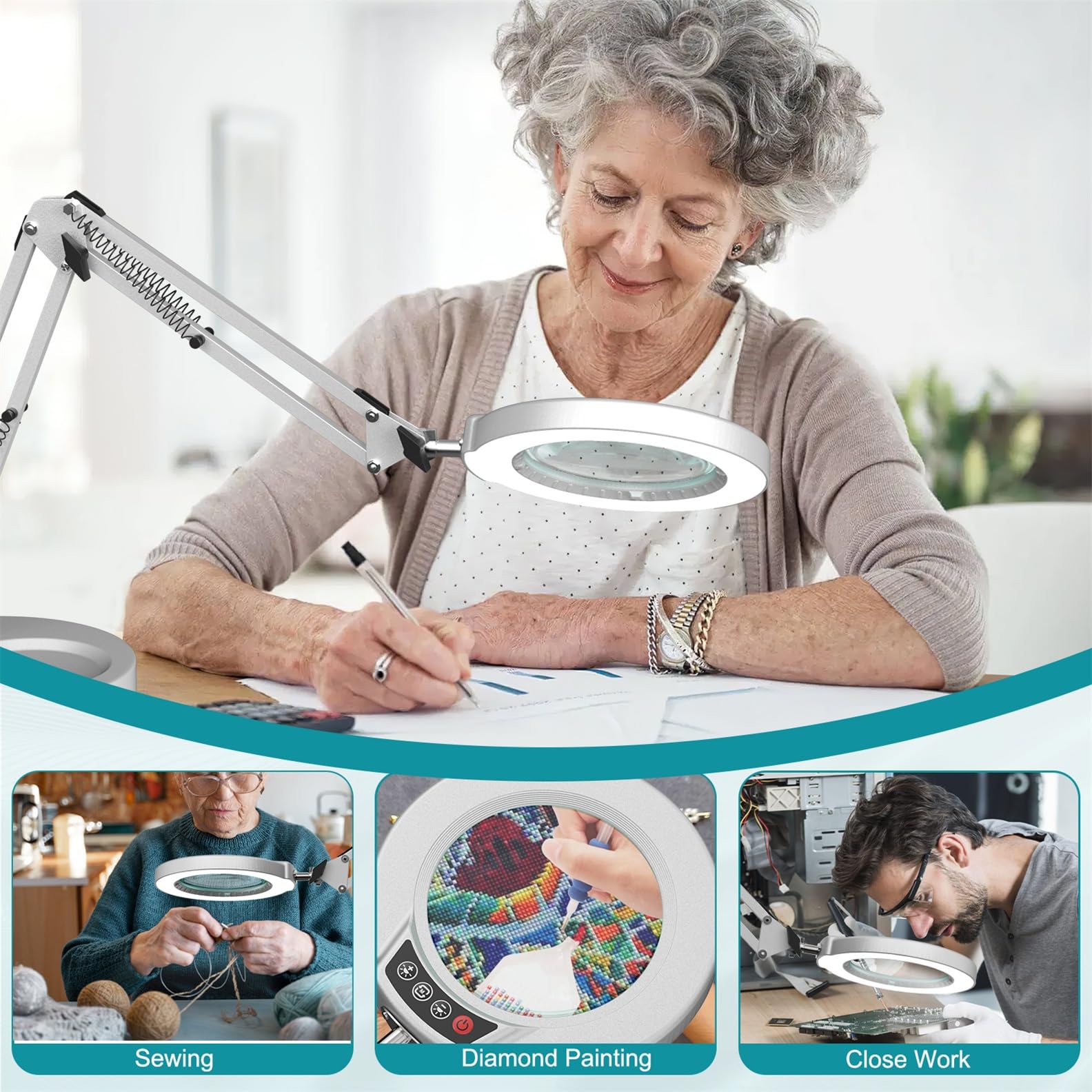 12X Magnifying Glass with Light and Stand, Real Glass, 5 Color Modes, Brightness Stepless Dimmable Lighted Magnifier Hands Free, 2-in-1 Desk Lamp & Clamp Light, Magnifier Lamp for Close Work, Reading