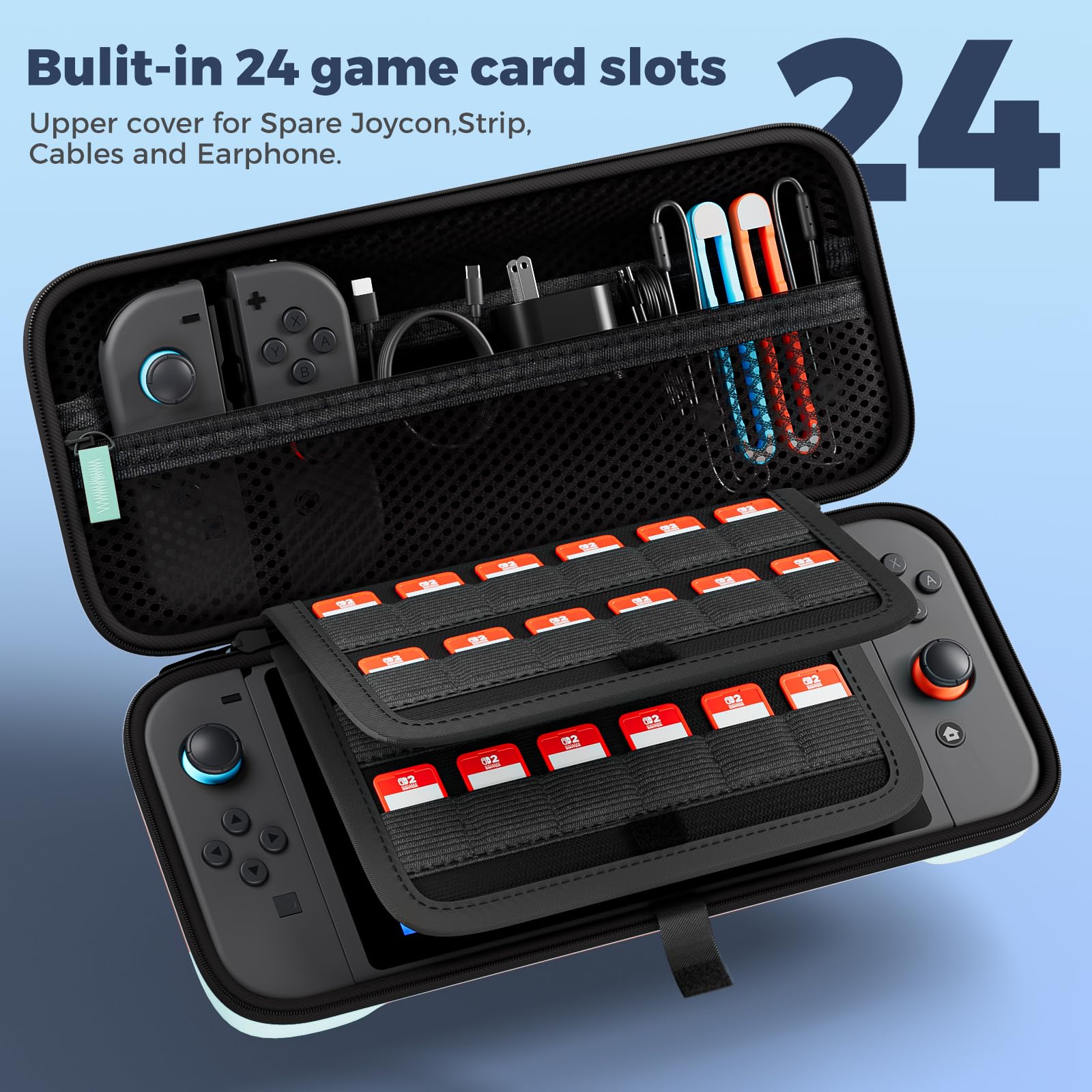 ProCase Carrying Case for Nintendo Switch 2 (2025) with 24 Game Card Slots, Hard Portable Travel Case Storage Bag Protective Pouch for 2025 Nintendo Switch 2 Console AC Adapter & Accessories -Black,L