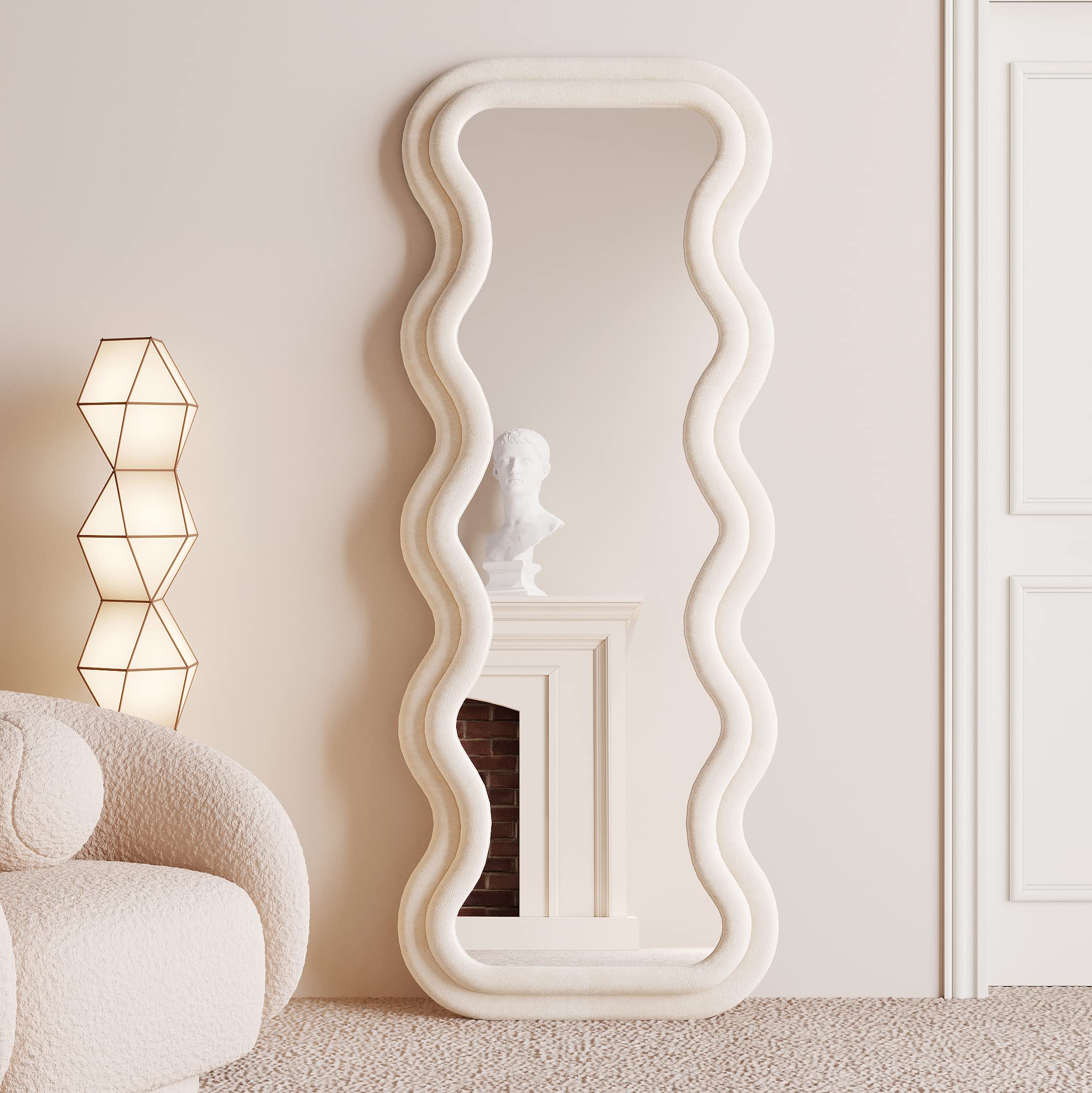 BOJOY Full Length Mirror, 63" x 24" Wall Mirror, Flannel Wrapped Wooden Frame Floor Mirror, Irregular Wavy Mirror Hanging or Leaning Against Wall for Cloakroom/Bedroom/Living Room, Black