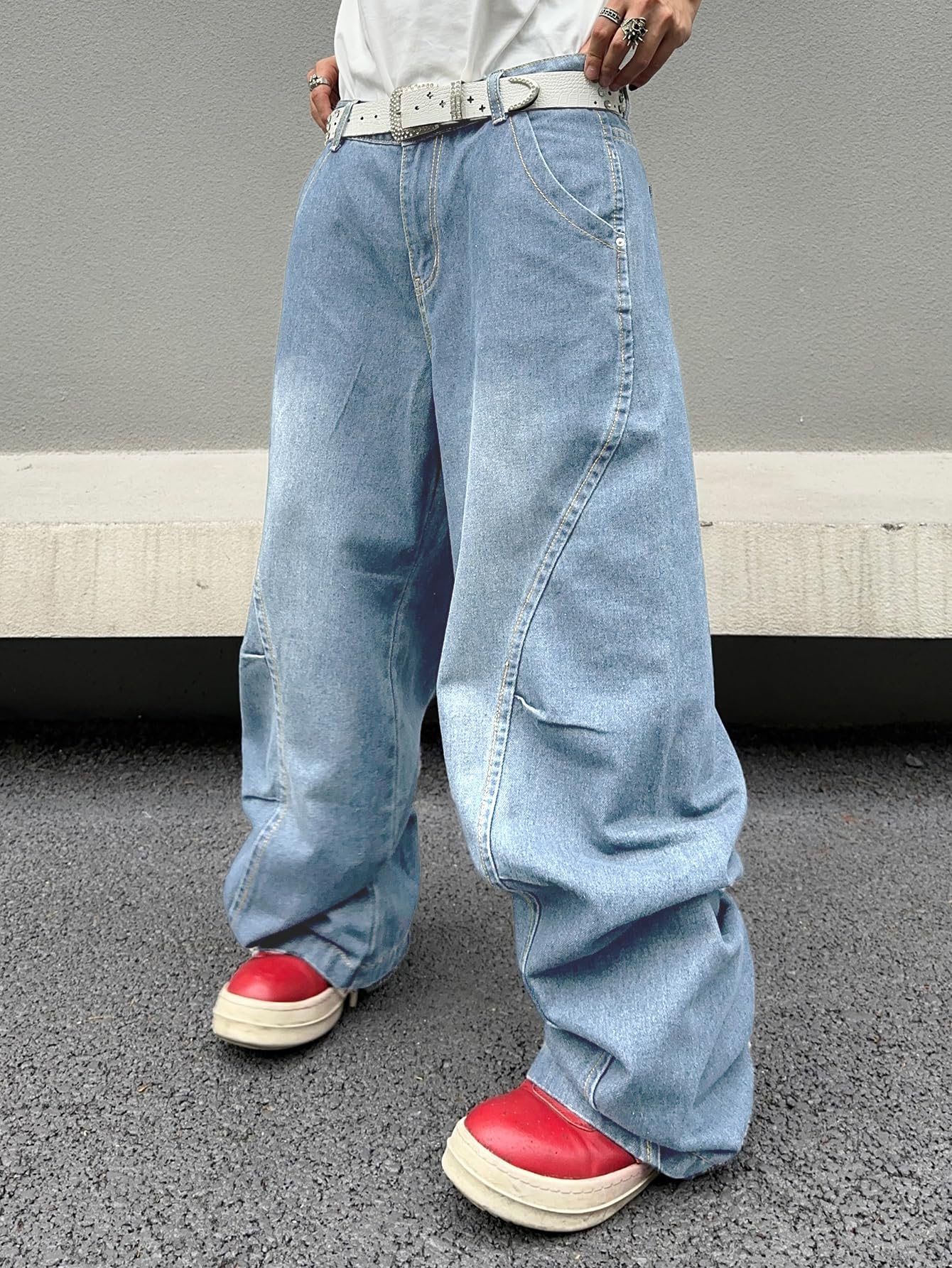DFGIGT Men's Irregular Sutures Y2k Hip Hop Baggy Jeans Wide Leg Denim Pants Casual Loose Fit Trousers Streetwear