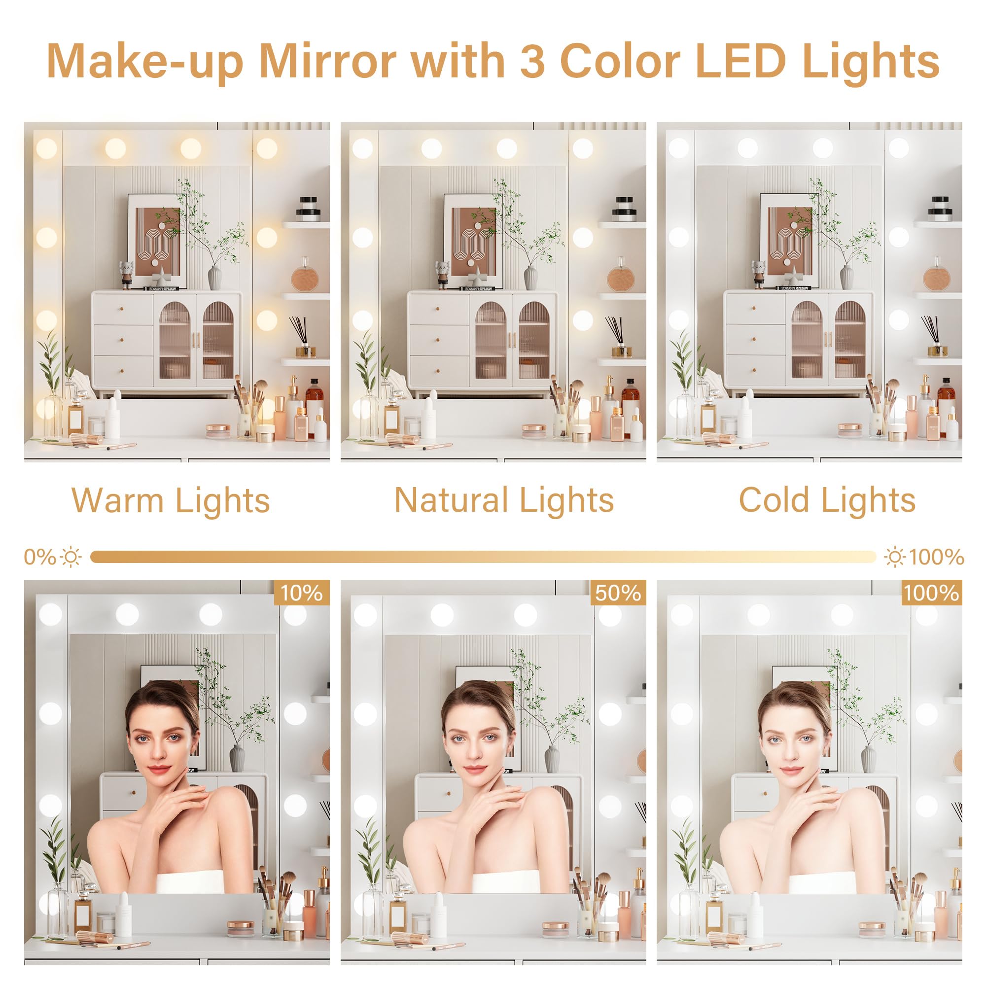 YIKEHOME Makeup Vanity Desk with Mirror and 10 Lights, 3-Colour Hollywood Brighter Bulbs, Vanity Table Set with Large Drawers and and Charging Station for Bedroom Dressing Room White