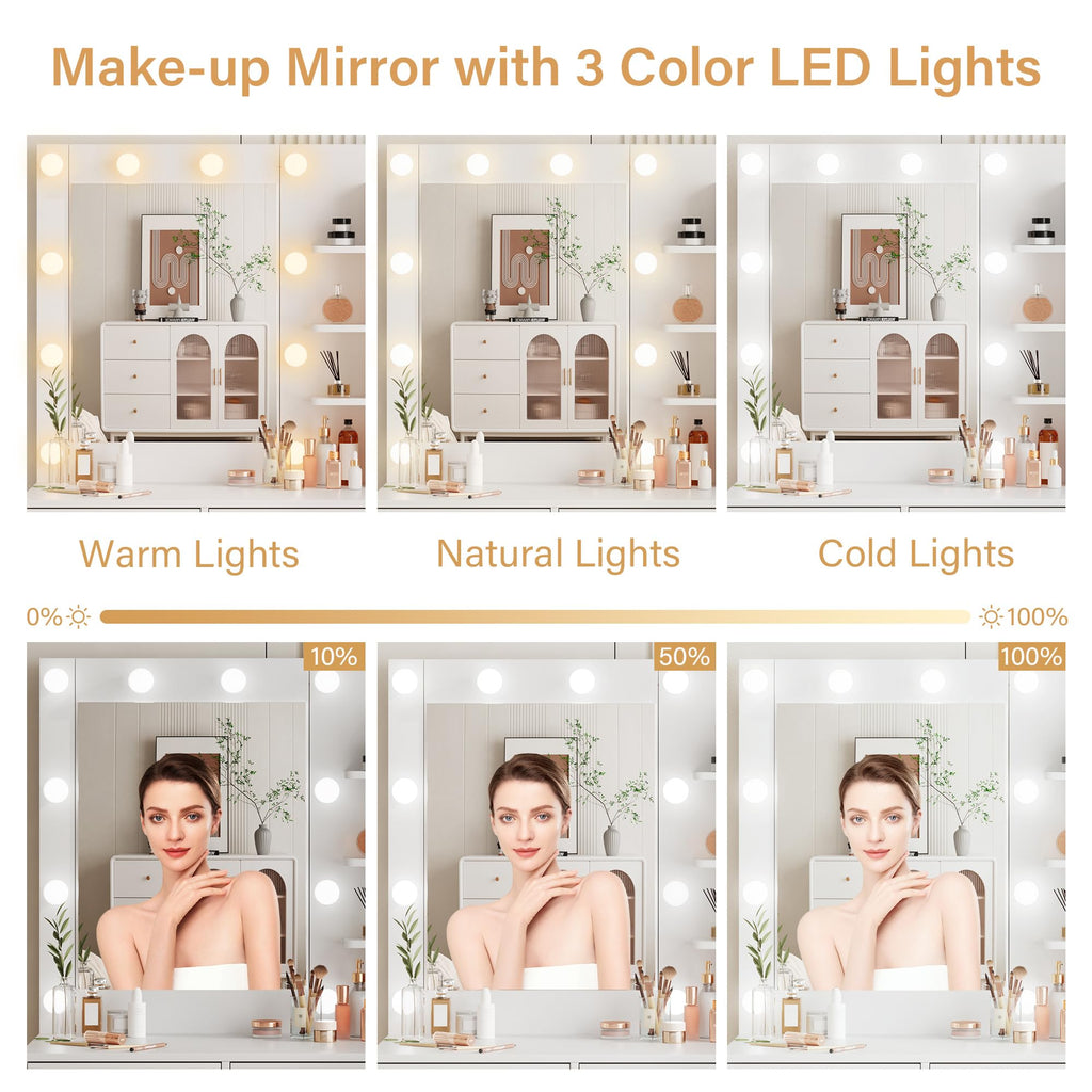 YIKEHOME Makeup Vanity Desk with Mirror and 10 Lights, 3-Colour Hollywood Brighter Bulbs, Vanity Table Set with Large Drawers and and Charging Station for Bedroom Dressing Room White