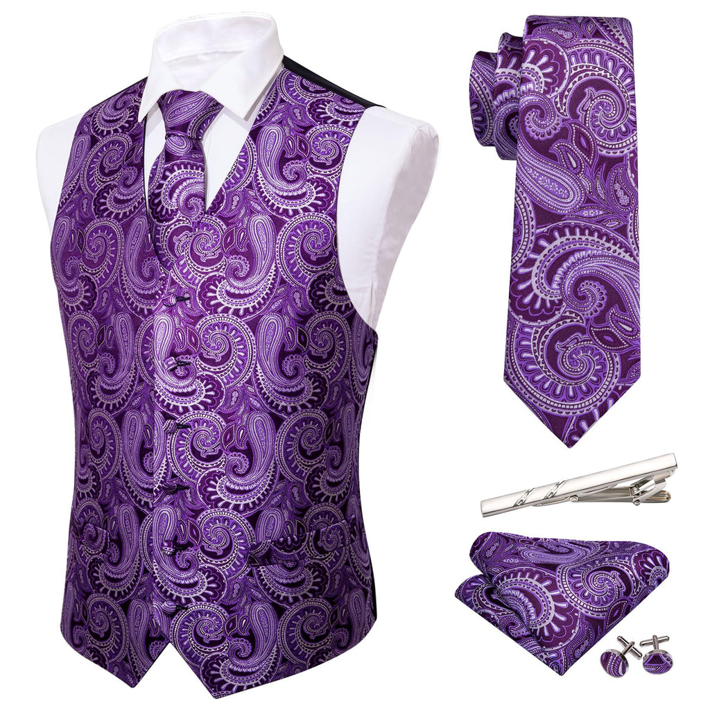 Barry.Wang Men's Suit Vest Formal/Leisure Paisley Jacquard Silk Tie Pocket Square Waistcoat Set Wedding 5PCS