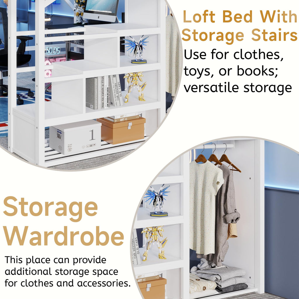 Mirightone Full Size Loft Bed with Stairs, Metal Loft Beds, High Loft Bed Frame with Storage Shelves, Lofted Full Bed with Wardrobe for Kids and Teens, No Box Spring Needed (Black)