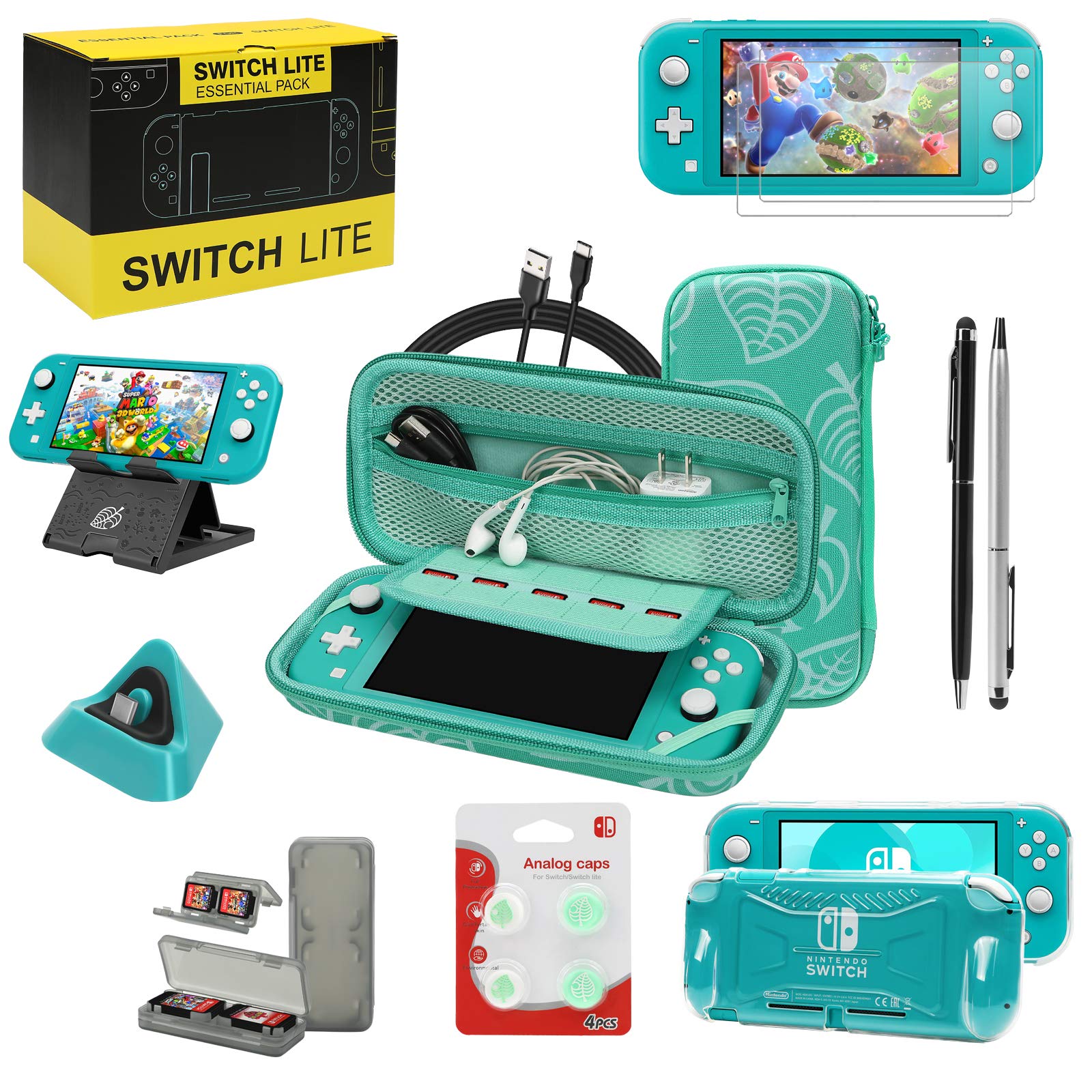 Switch Lite Accessories Bundle, Kit with Carrying Case,TPU Case Cover with Screen Protector,Charging Dock,Playstand, Game Card Case, USB Cable, Stylus,Thumb Grip Caps for Nintendo Switch Lite (Black)