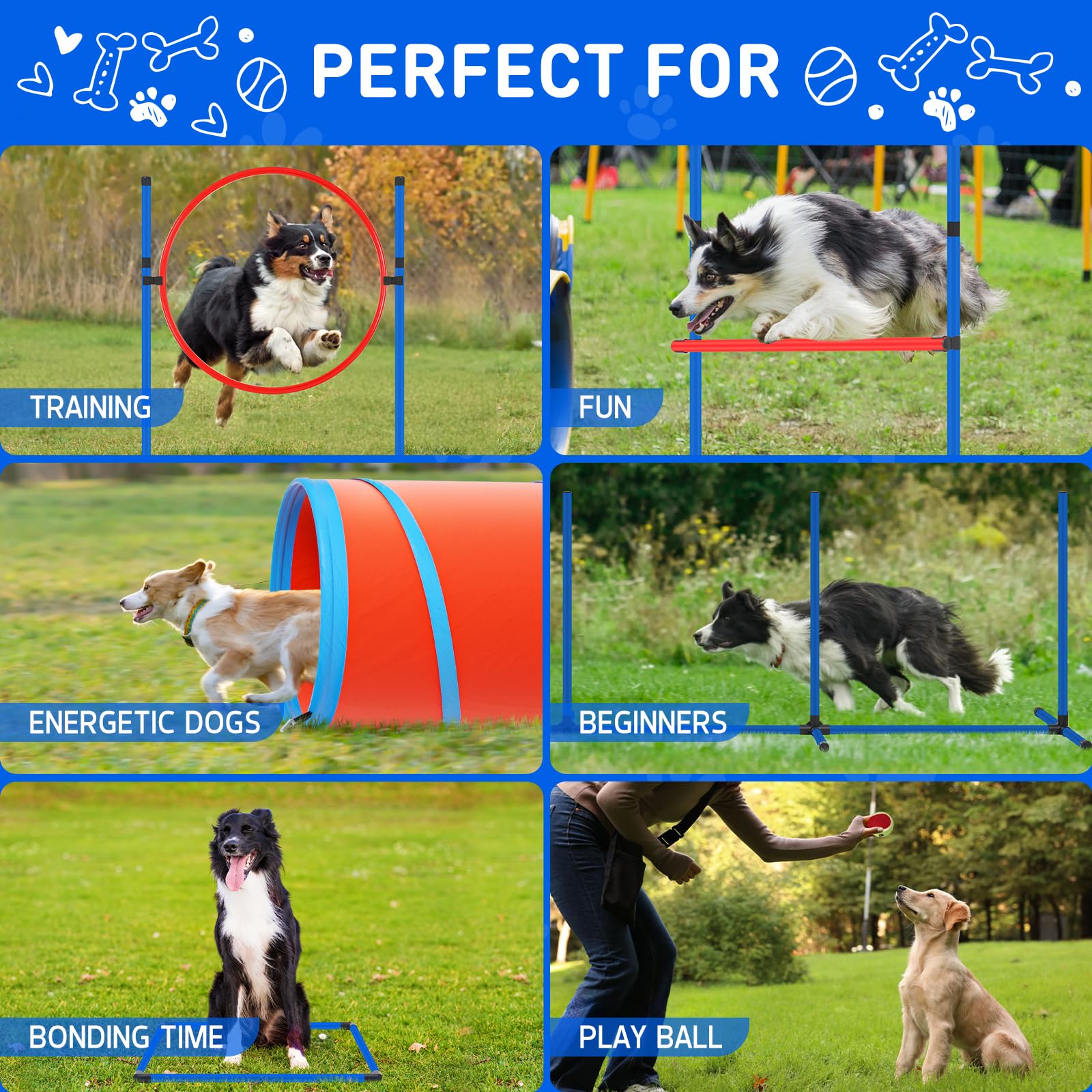 Polar Aurora Dog Agility Equipment, Dog Obstacle Courses Backyard - Pet Outdoor Games w/Adjustable High Jump, Agility Weave Poles, Tunnel, Jumping Ring, Pause Box, 2 Balls,Whistle and Carrying Bag