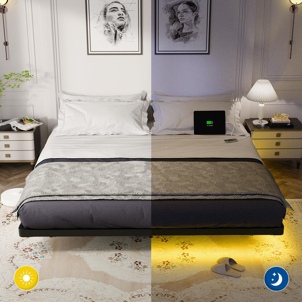OLEVS Floating Bed Frame Full Size with Smart LED Lights and Charging Station - Modern Metal Platform Bed, Easy Assembly No Box Spring Needed