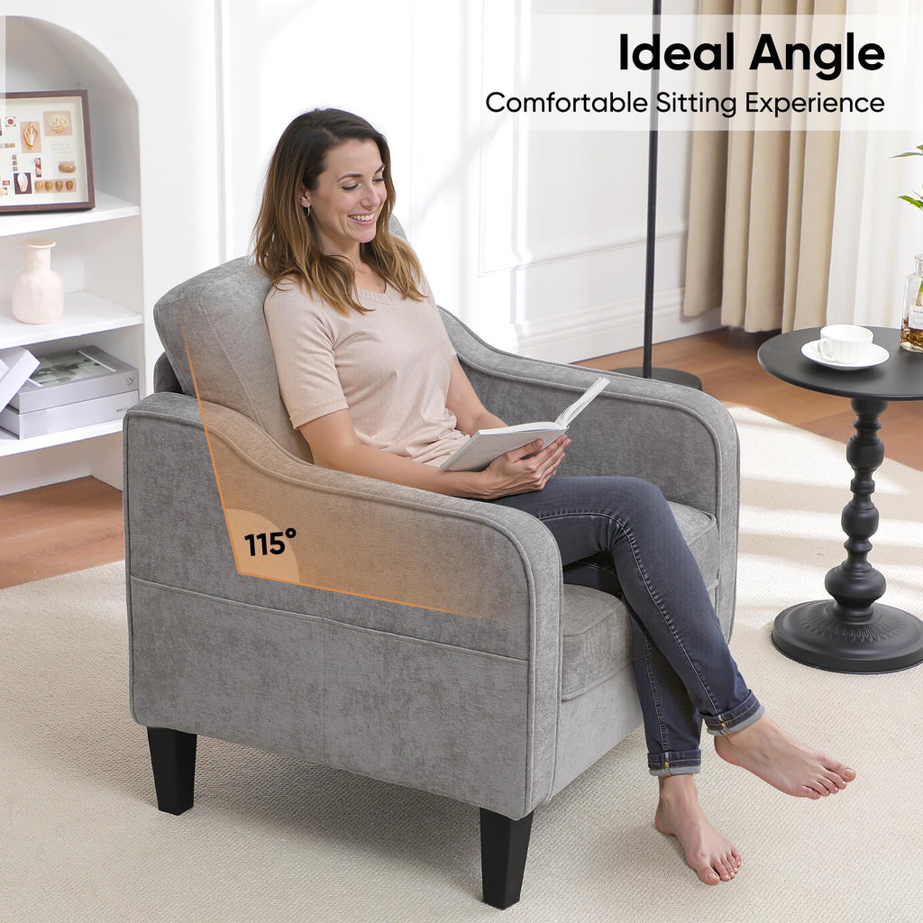 Accent Chair for Living Room, Mid Century Modern Reading Chair for Bedroom, Upholstered Armchair with Side Pockets, Comfy Single Sofa Side Chair for Office, Apartment, Small Room, Beige