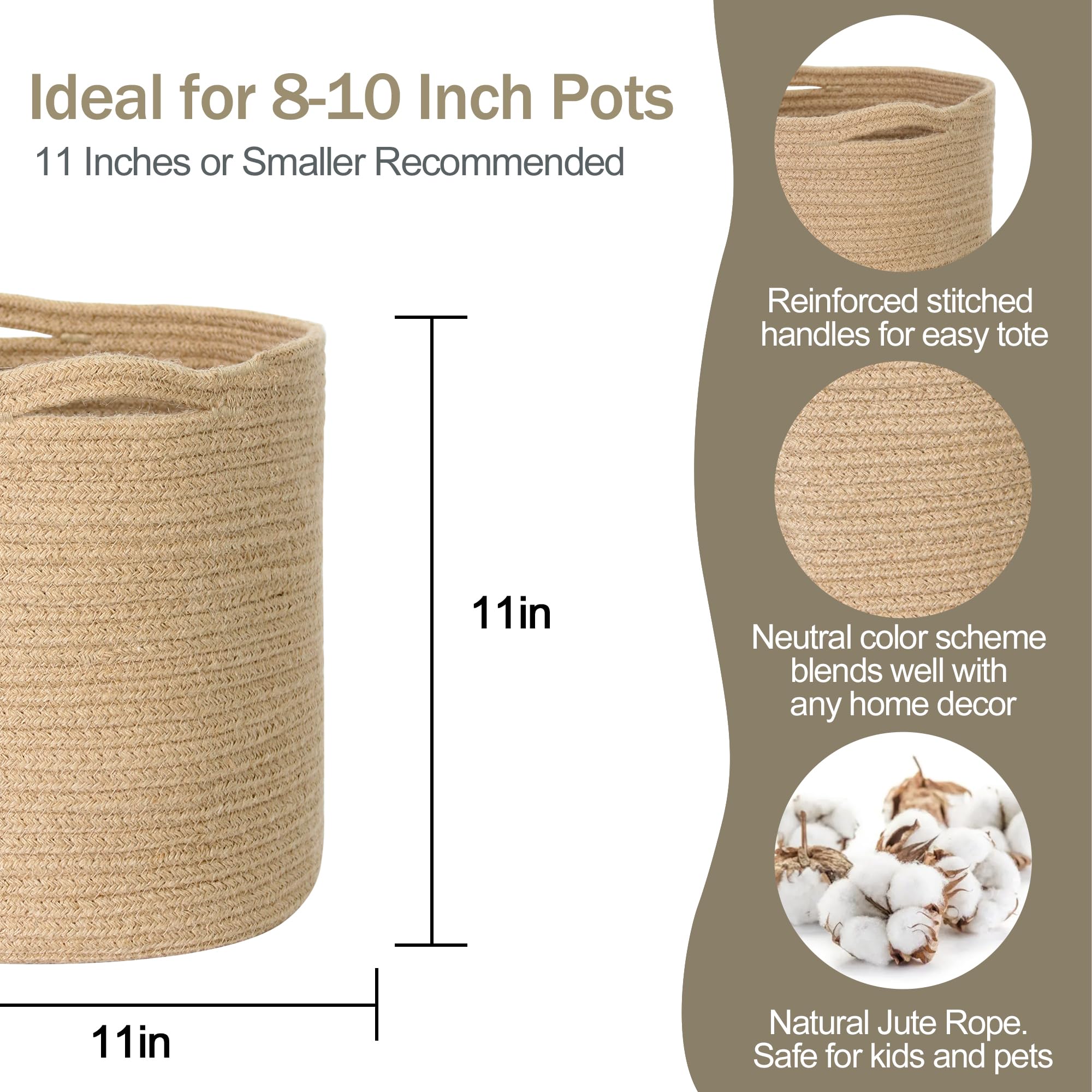 MEGASKET Cotton Rope Plant Basket, Woven Basket Planter for 10 inch Pot, Round Indoor Tree Pot Cover, Small Storage Bin Organizer, Modern Bins for Plants and Home Decor, 11”X11”, Black