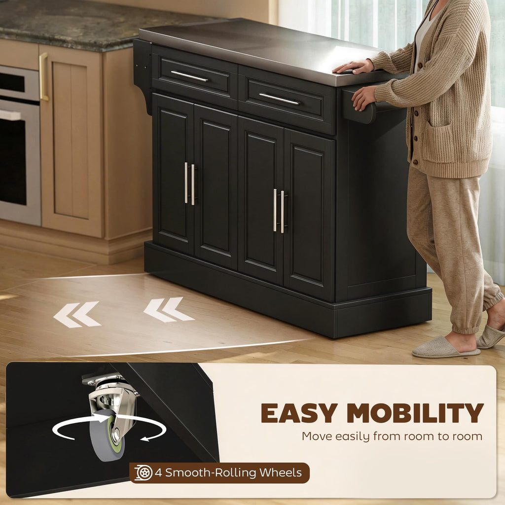 HOMCOM Rolling Kitchen Island Cart with 47" Stainless Steel Top, Portable Island Table for Kitchen with Wheels, Adjustable Shelves, 2 Drawers, Spice, Knife and Towel Rack, Black