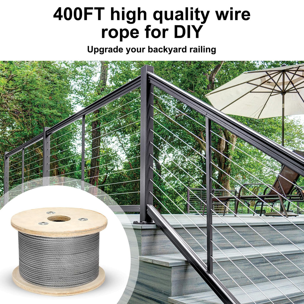 Thickened 3/16" 25ft Stainless Steel Cable with Wire Rope Clip, Thimble and Aluminum Crimping Loop Sleeve, 7X19 Strands Aircraft Cable, 3700lbs Breaking Strength for Deck Railing, String Lights