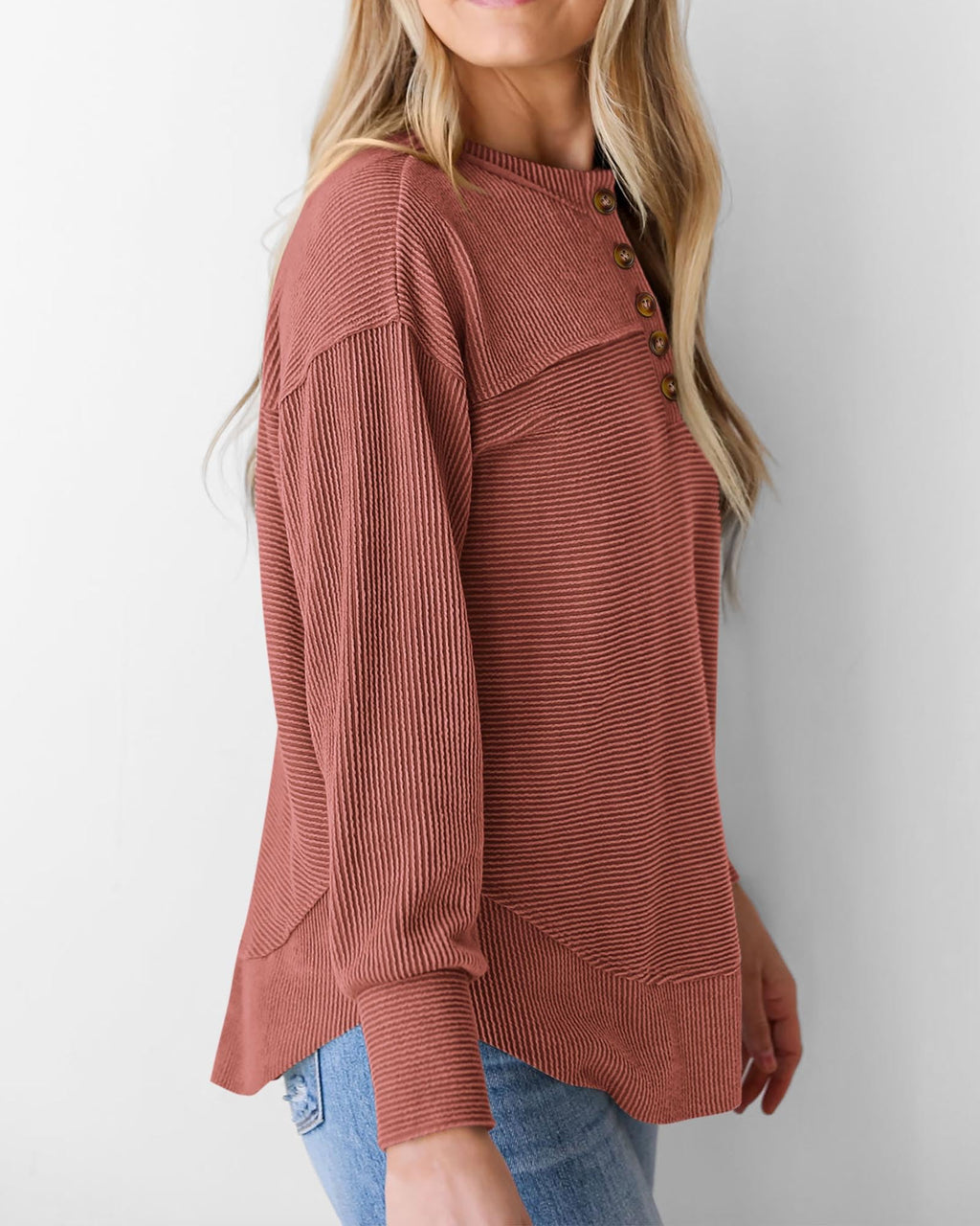 KIRUNDO Going Out Tops for Women Henley Shirts 2025 Casual Ribbed Knit Long Sleeve Tunic Summer Fall Button V Neck Blouse