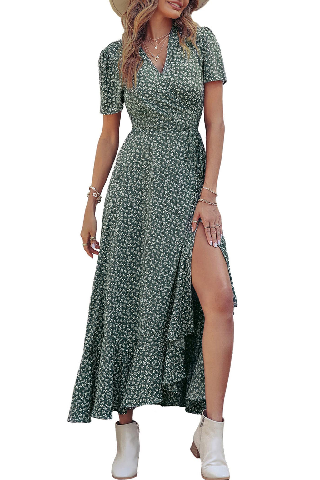 PRETTYGARDEN Women's Boho Floral Maxi Dress Summer Short Sleeve Wrap V Neck Long Flowy Beach Vacation Wedding Guest Dresses