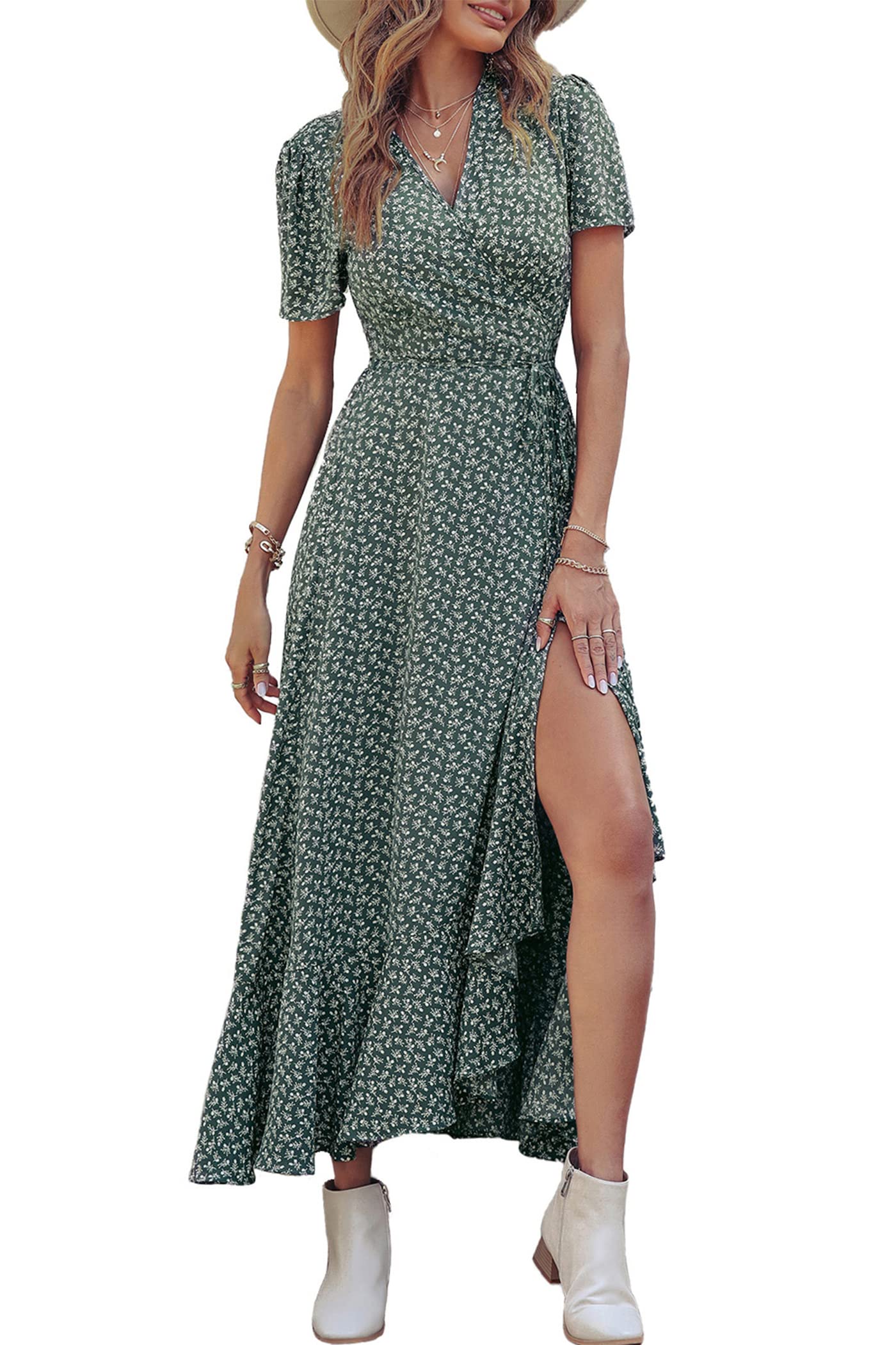 PRETTYGARDEN Women's Boho Floral Maxi Dress Summer Short Sleeve Wrap V Neck Long Flowy Beach Vacation Wedding Guest Dresses