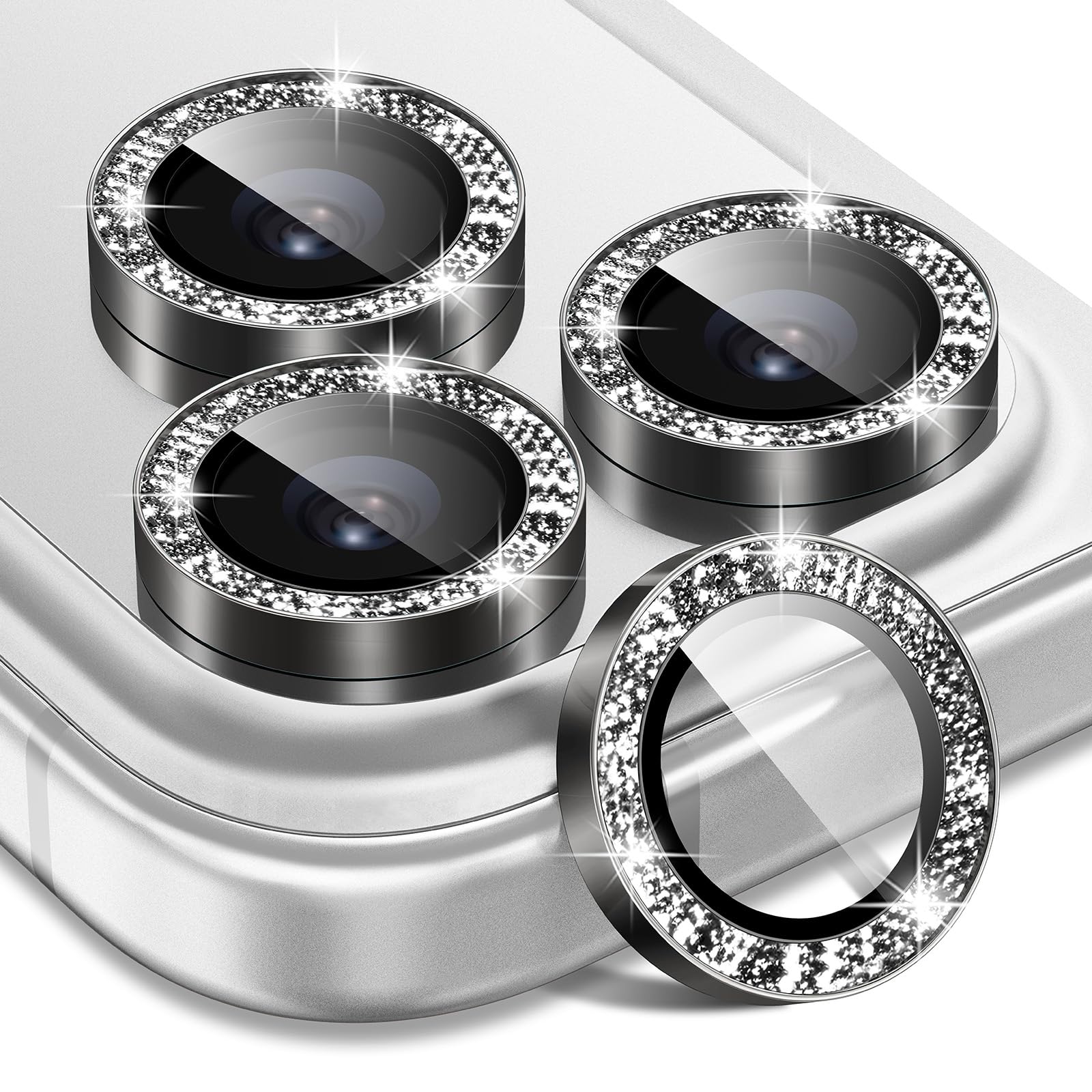 Matekxy Glitter Camera-Lens Protector for iPhone-16 Pro-Max - 16 Pro Anti-Scratch Tempered Glass with Aluminum Edging, Cute Girly Metal Individual Bling Ring Cover for Women, Black Titanium