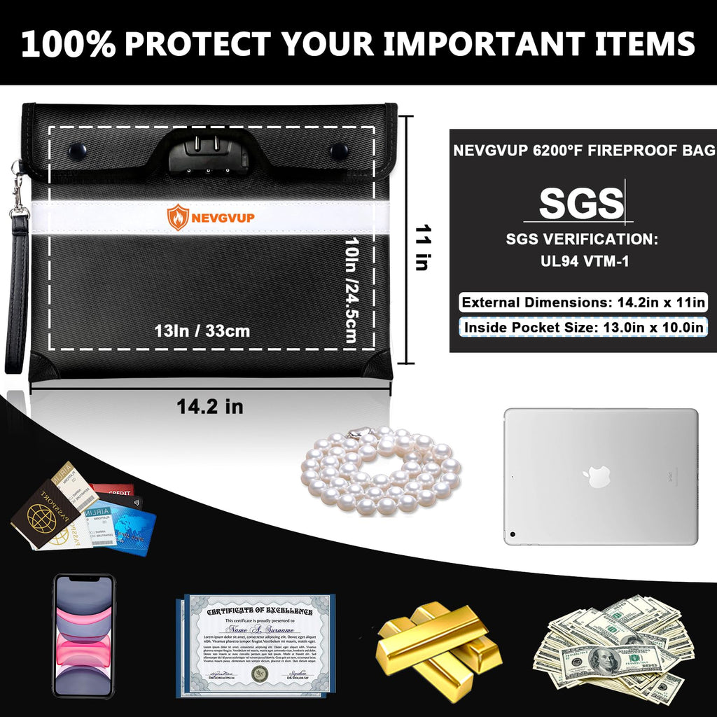 Fireproof Money Bag 4200°F - Heat Insulated, 9.8 x 6.5" Small Fireproof Document Bags with Waterproof Zipper, Fire proof Bag with Reflective Strip and Fireproofs Edeging, Fire Pouch Set for Valuables