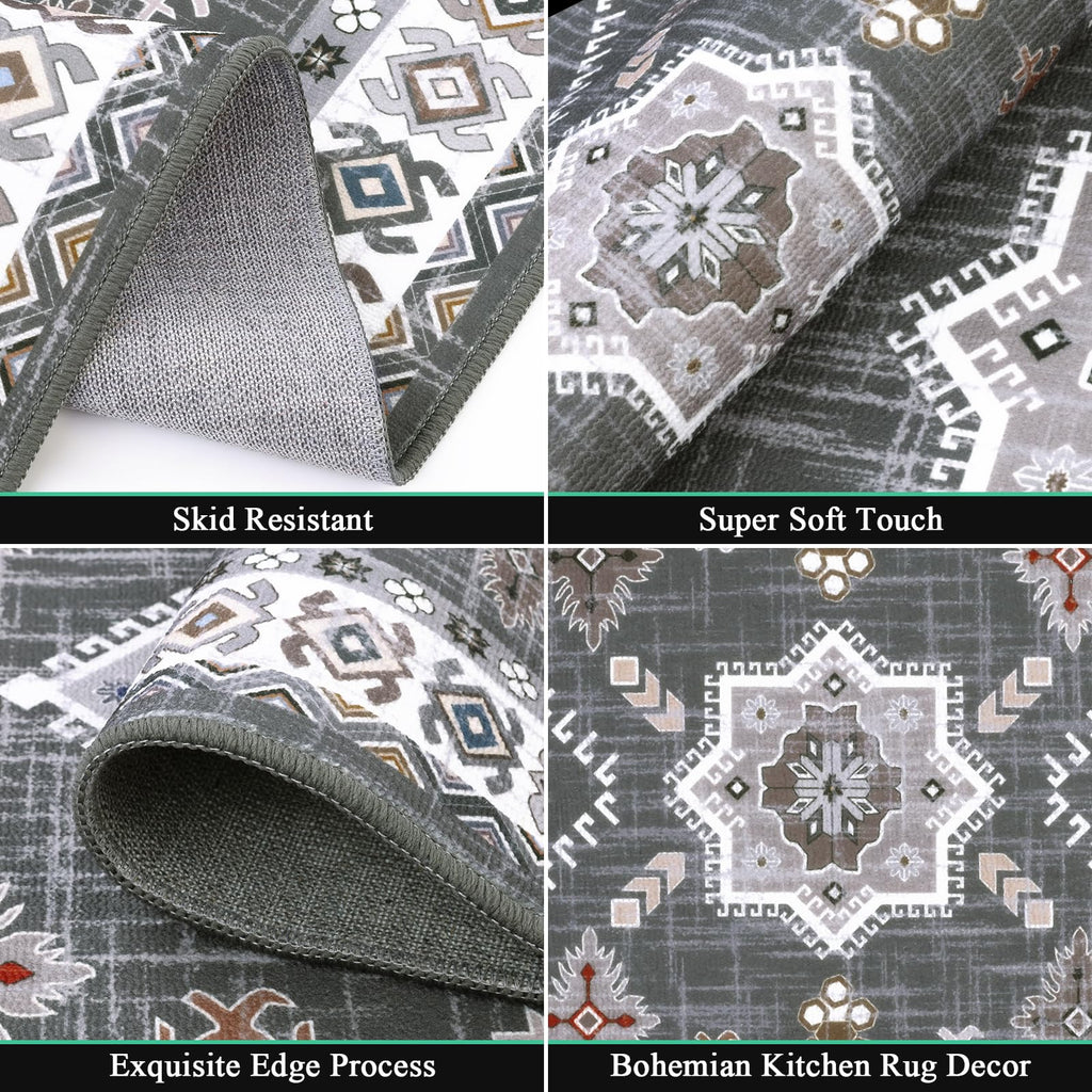 HEBE Boho Kitchen Rug Sets 3 Piece with Runner Non Slip Kitchen Rugs and Mats Washable Kitchen Mats for Floor Thick Kitchen Floor Mat Carpet Runner Rugs for Hallway Laundry Holiday Decor