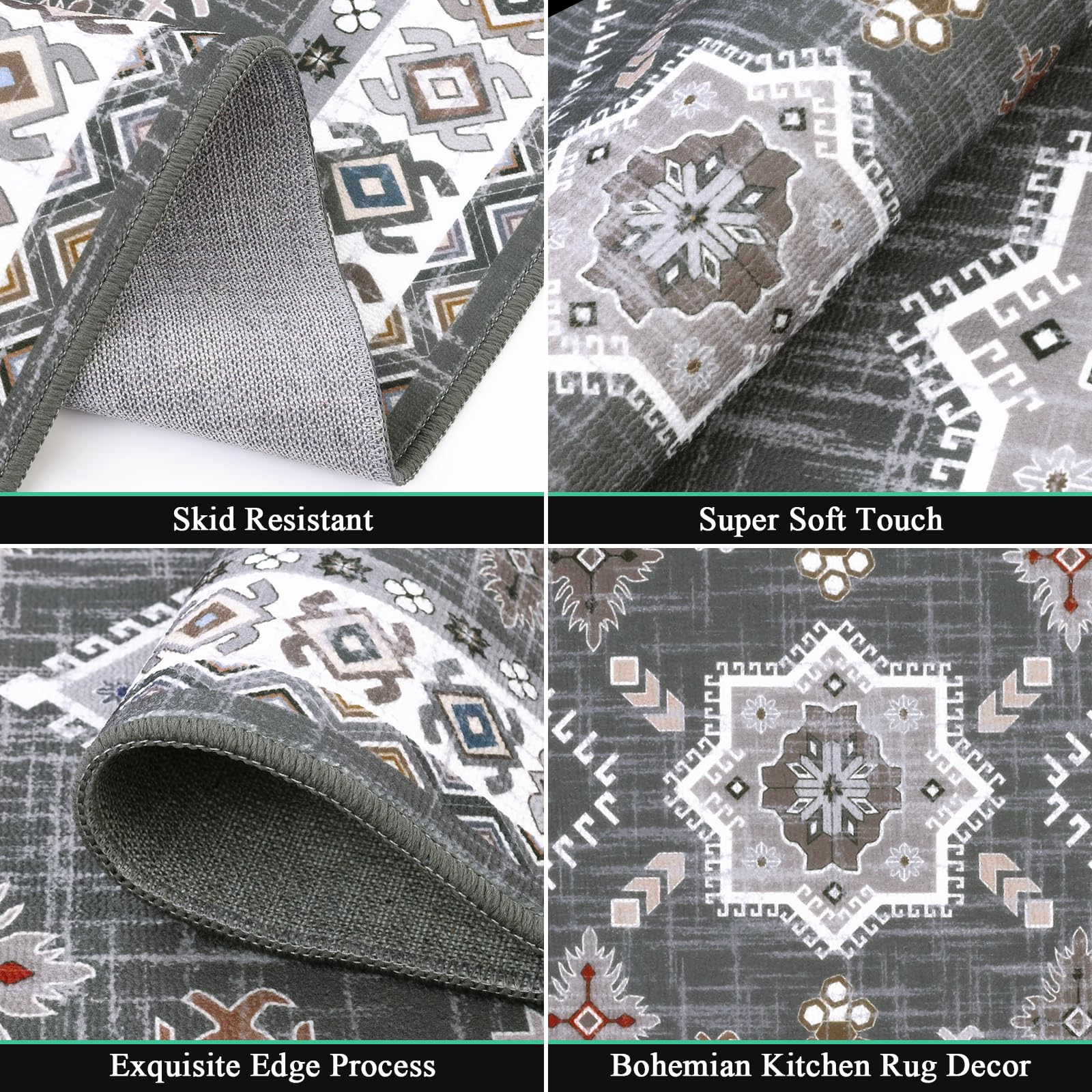 HEBE Boho Kitchen Rug Sets 3 Piece with Runner Non Slip Kitchen Rugs and Mats Washable Kitchen Mats for Floor Thick Kitchen Floor Mat Carpet Runner Rugs for Hallway Laundry Holiday Decor