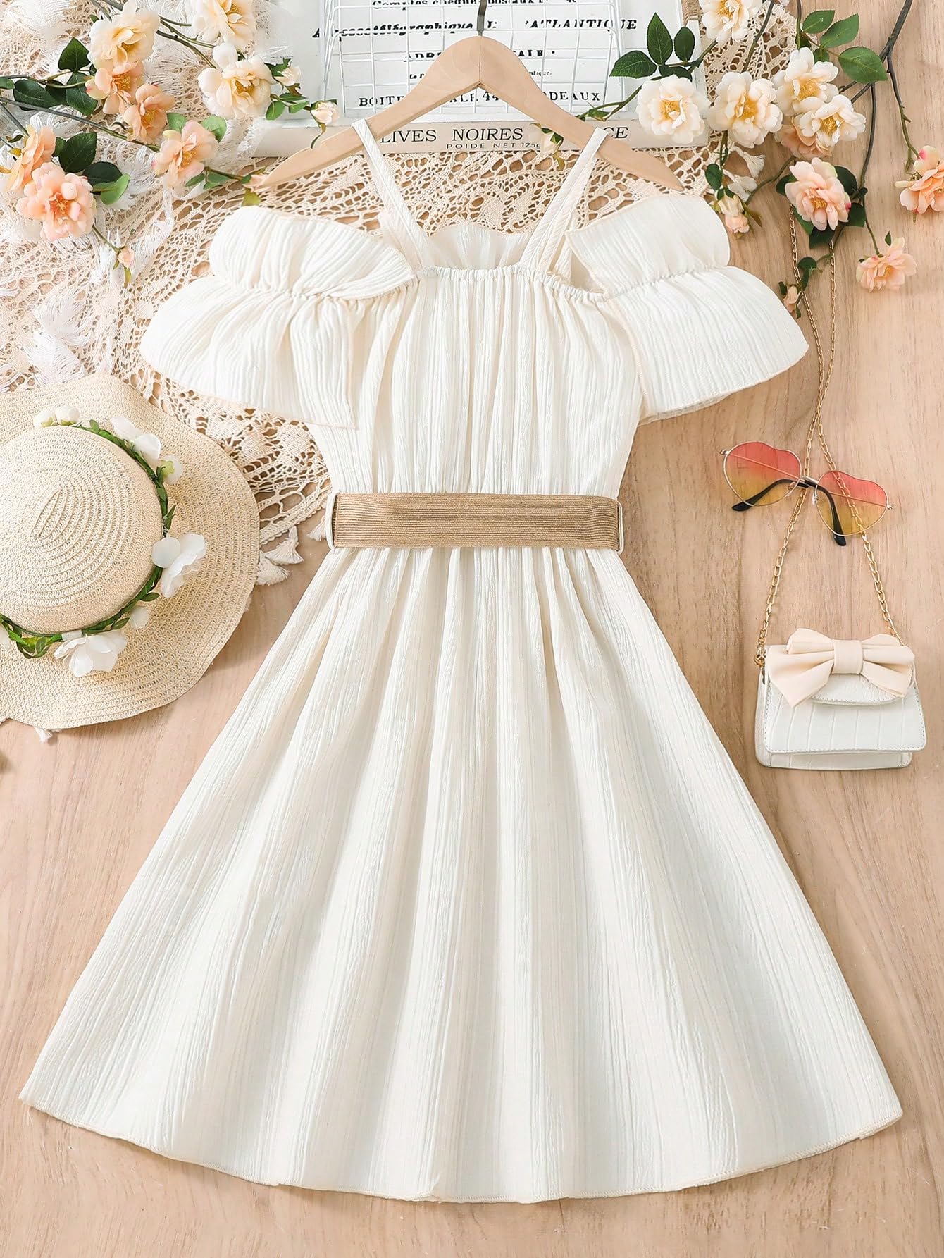 Floerns Girls Cold Shoulder Ruffle Trim Short Sleeve Belted A Line Midi Dress