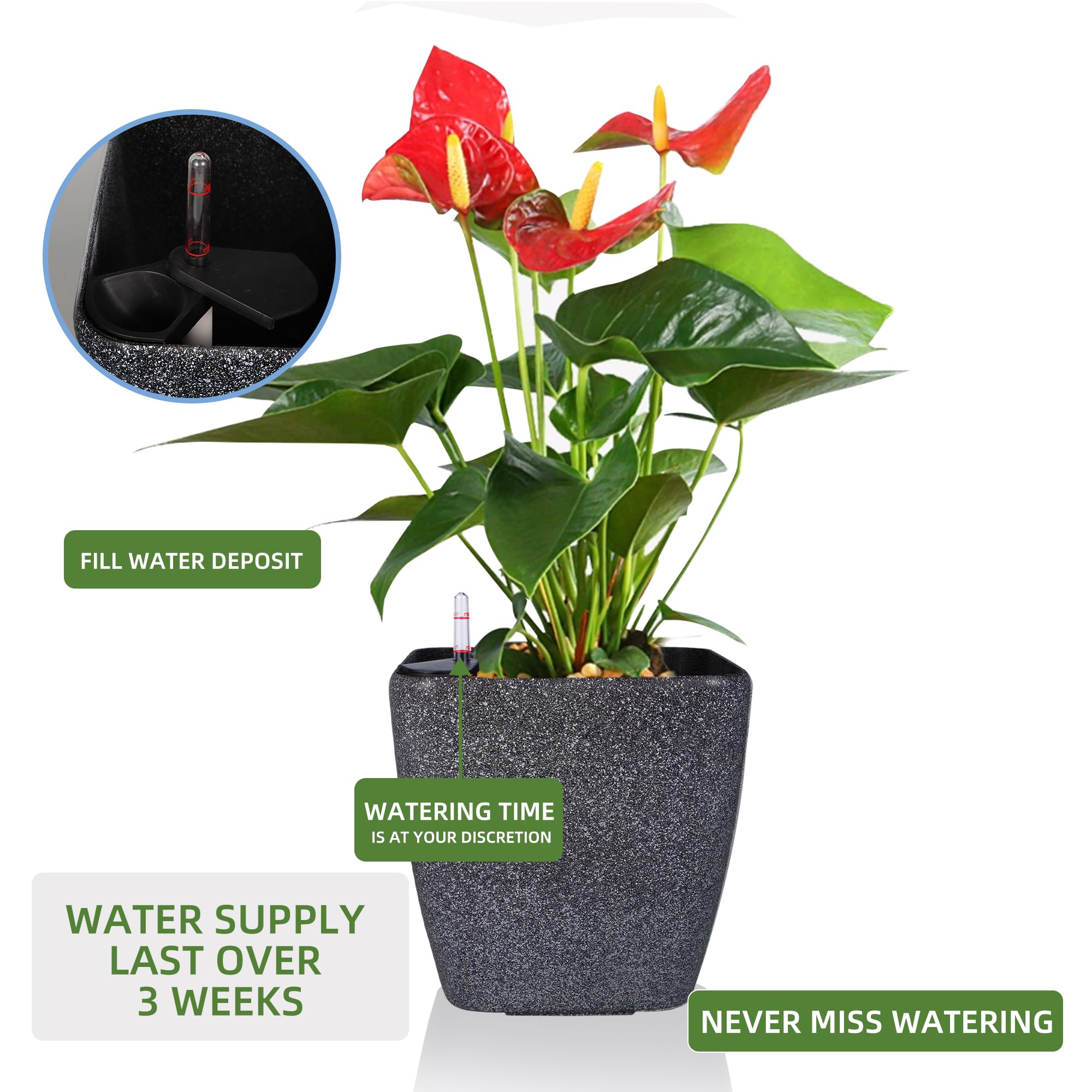 Dexceder 9x8 Self Watering Planter (Black High Gloss) | Inner Mat Design, Thickened Table Flower Plant Pot with Water Level Indicator Indoor Outdoor