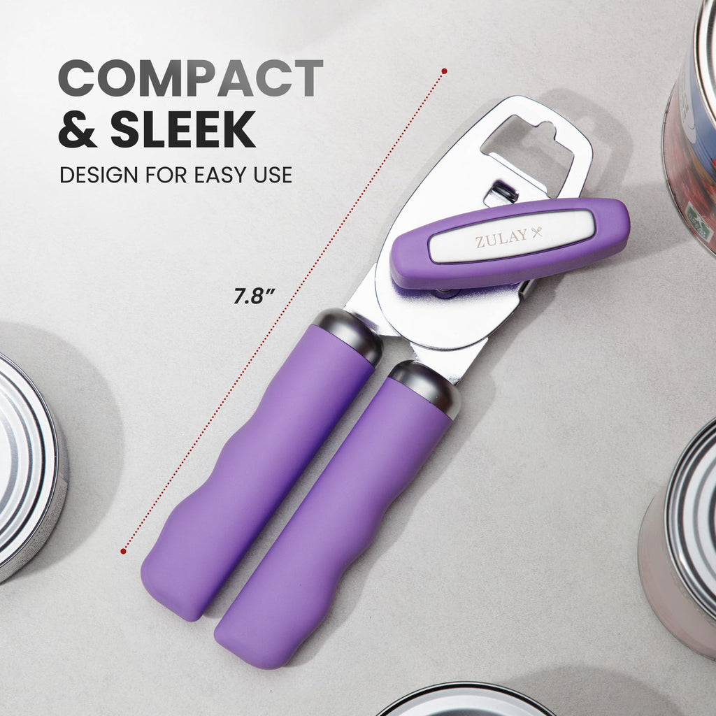 Zulay Kitchen Heavy Duty Stainless Steel Can Opener Manual with Bottle Opener - Rust Proof Manual Can Opener With Turn Knob & Comfy Soft Grip Handles - Airy Lilac