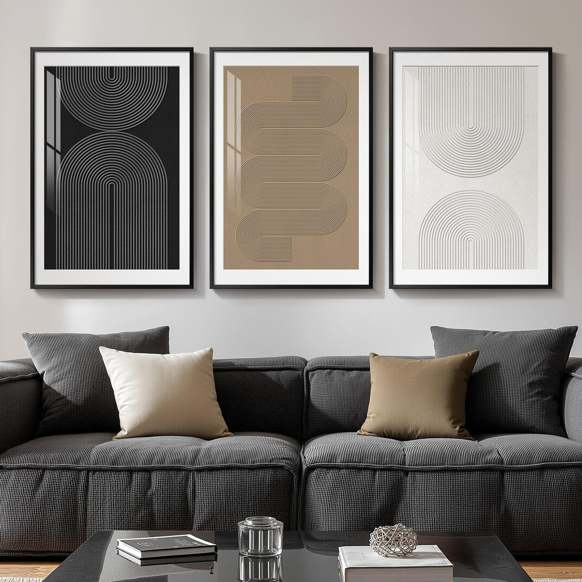 Framed Black and White Modern Abstract Wall Art, 3 Piece Canvas Prints Paintings Artwork for Walls, Minimalist Black White Grey Pictures for Living Room Dining Room Bedroom Office Wall Decor 16x24 In