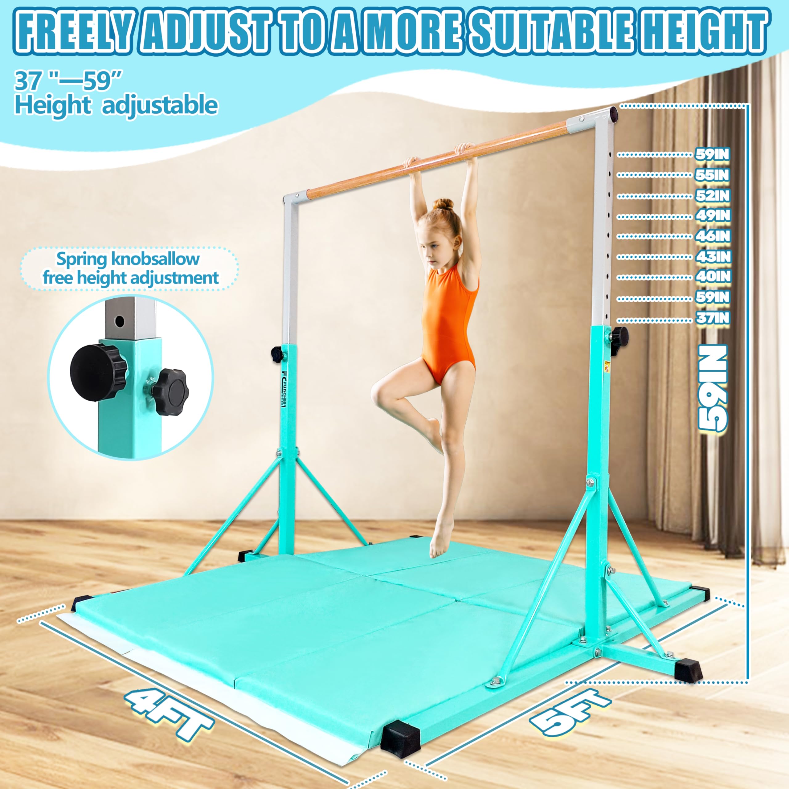 FC FUNCHEER Gymnastics Bar for Kids Ages 3-15, 35" to 60" Adjustable Height, 4FT Wide Base - Professional Kip Bar with 360° Stability & Fiberglass Crossbar, Easy Fold&Solid Design for Home Training
