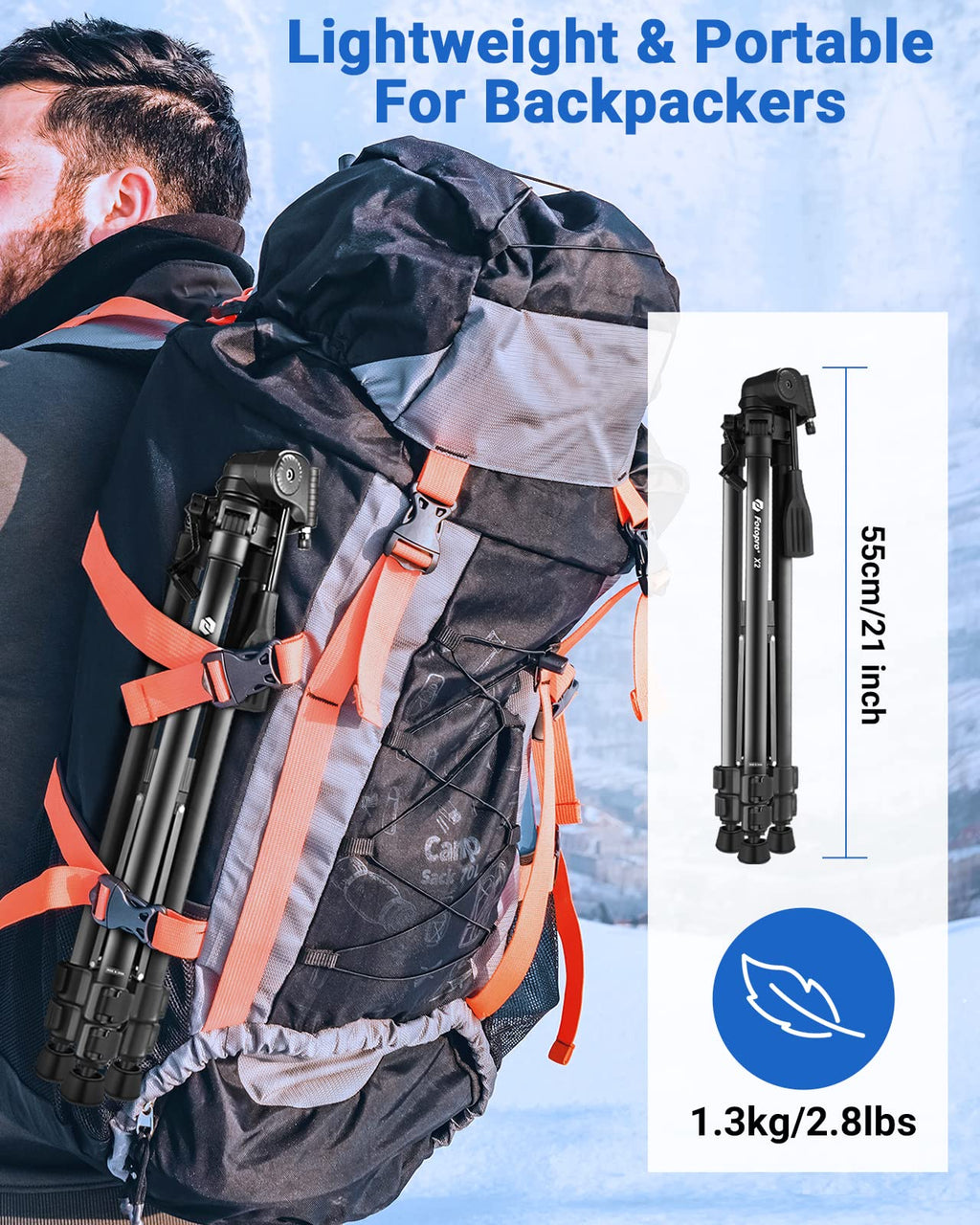 Fotopro 60" Camera Tripod, Carbon Fiber Travel Tripod with 360° Ball Head, Ultralight 2.1lbs, 22lbs Load, Quick Lock, Folds to 14.3" Carry-On, for DSLR Mirrorless Cameras, X-Aircross 3 Blue