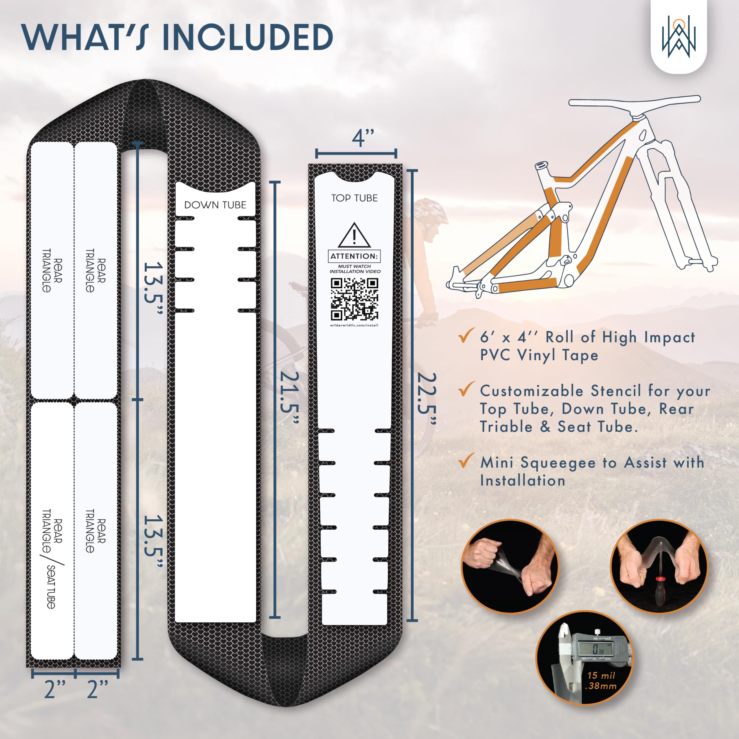 Bike Frame Protection Tape- High Impact Clear Vinyl Wrap Includes Tool (4”x72) Bicycle Frame Protector, Mountain Bike Frame Guard Chainstay Protector (Art Deco)