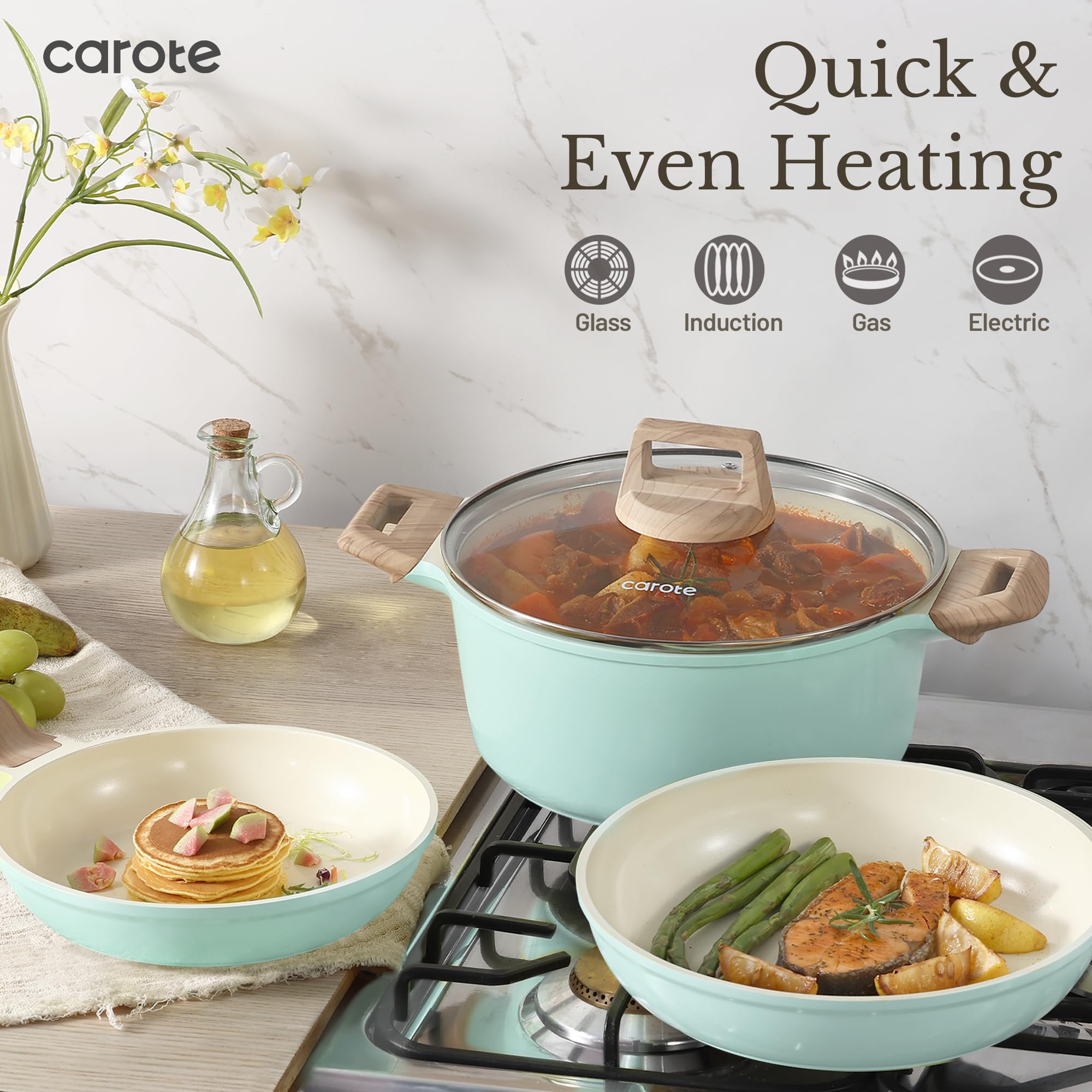 CAROTE 21pcs Pots and Pans Set Nonstick, Cookware Set Black Induction Kitchen Cooking Set w/Frying Pans & Saucepans(PFOS, PFOA Free)