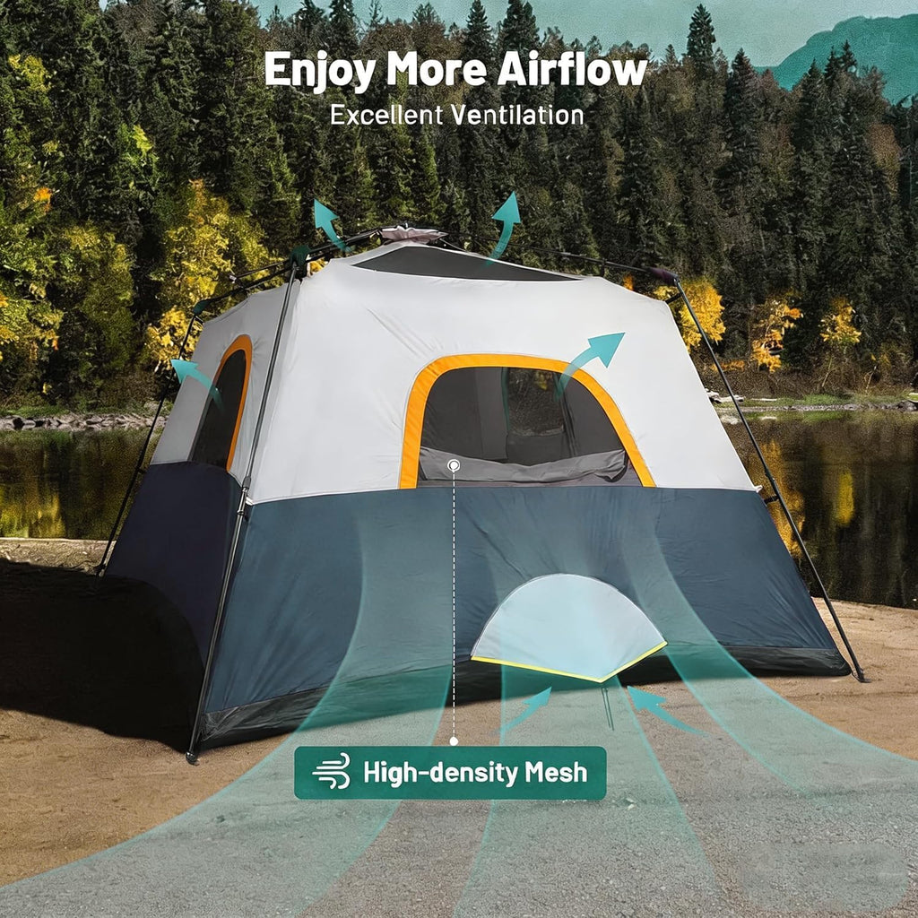3/4 Person Camping Tent with 1 Door, 4 Windows, and Upgraded Ventilation– Instant Setup, Waterproof, 8'x 8'x 67''Oxford Fabric Floor Pop Up in 60 Seconds Includes Rainfly and Backpack