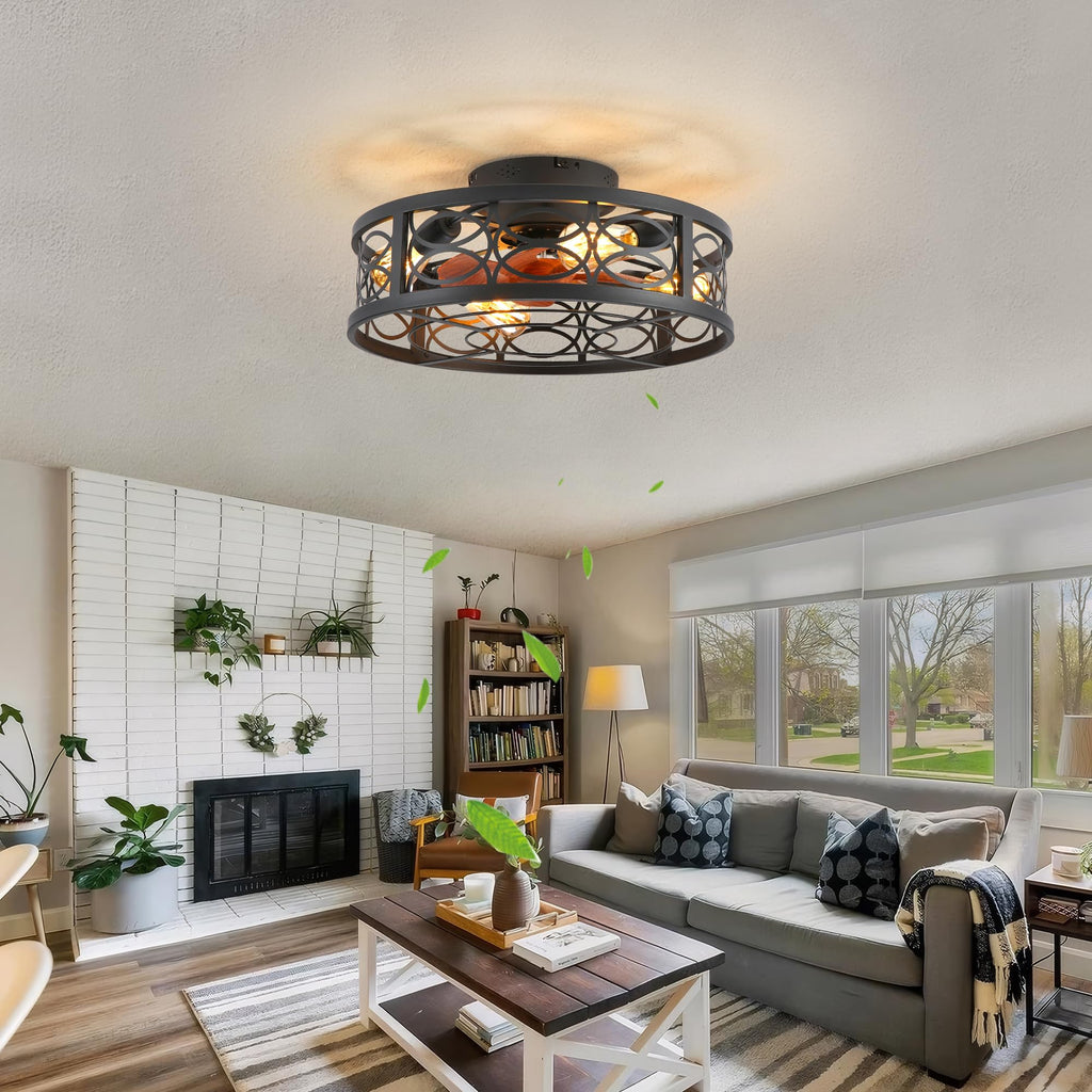 20" Boho Rattan Caged Ceiling Fan with Light,Low Profile Flush Mount Bladeless Ceiling Fan with Remote Control, 6 Speeds Reversible Silent Motor, Farmhouse Fabric Fandalier for Bedroom,Living Room