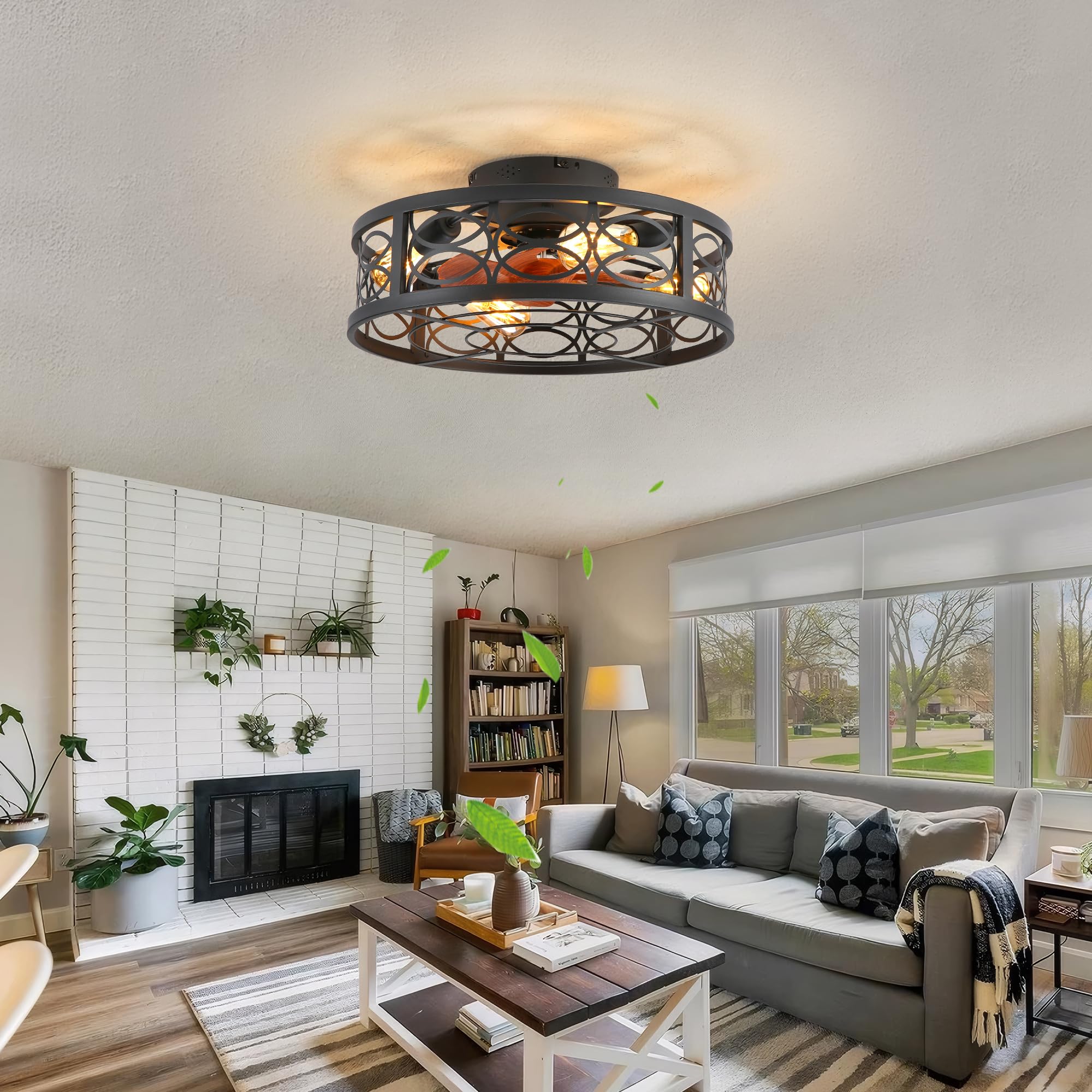20" Boho Rattan Caged Ceiling Fan with Light,Low Profile Flush Mount Bladeless Ceiling Fan with Remote Control, 6 Speeds Reversible Silent Motor, Farmhouse Fabric Fandalier for Bedroom,Living Room