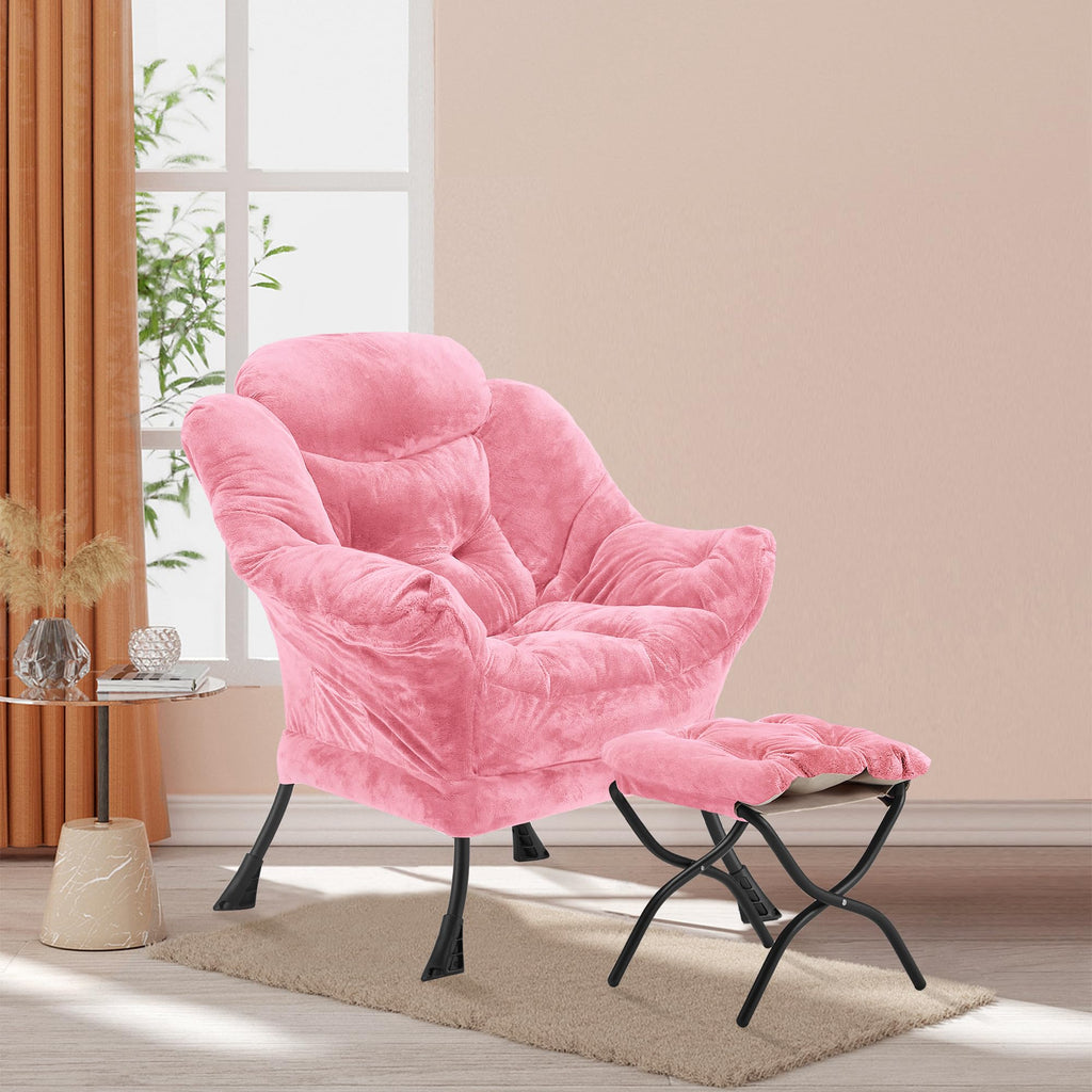 Youtanic Lazy Chair with Folding Ottoman, Accent Chair Velvet Upholstered with Metal Structure and Non-Slip Pads, Sofa Armchair with Footrest and Side Storage Bag for Dorm, Room, Office, Beige