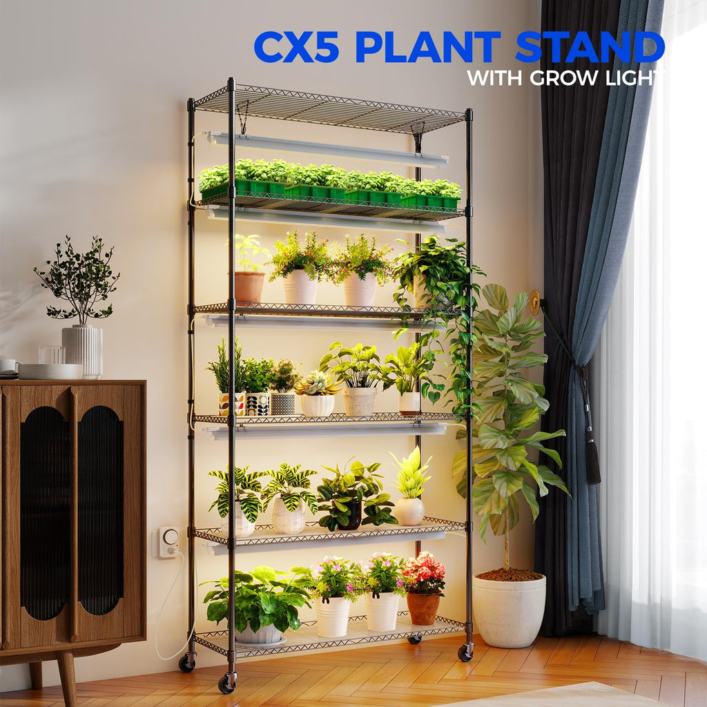 CX2 Plant Stand with Grow Lights for Indoor Plants, 6-Tier Metal Plant Shelf Display Rack with 2FT 150W Full Spectrum Plant Light, 3 Adjustable Spectrum, Timer, for Growing, 29.5x13.8x71IN