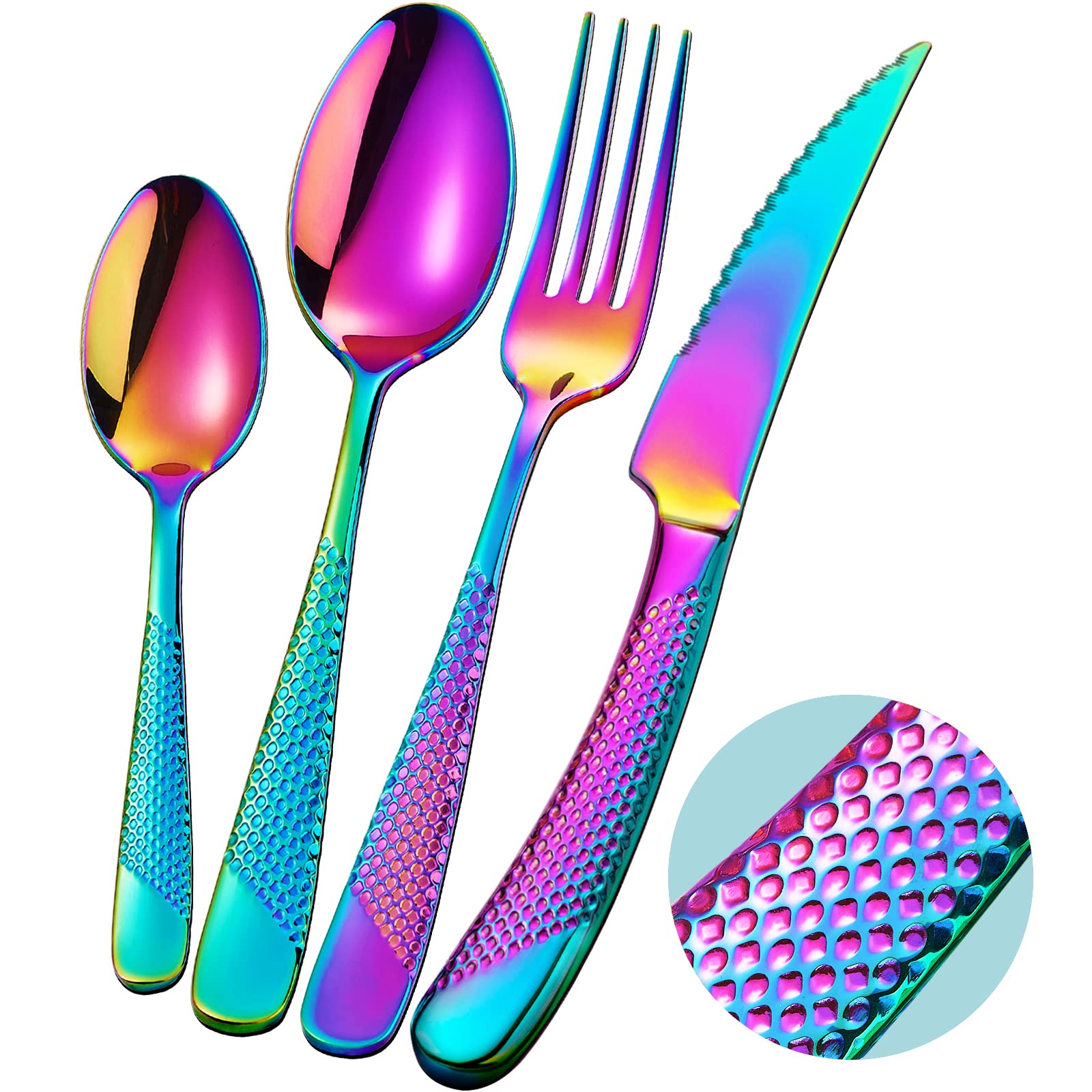 16-Piece Modern Black Hammered Silverware Set with Ultra Sharp 2-IN-1 Serrated Knives, 18/10 Stainless Steel Flatware Set, Titanium Plated Cutlery Set Service for 4, Dishwasher Safe