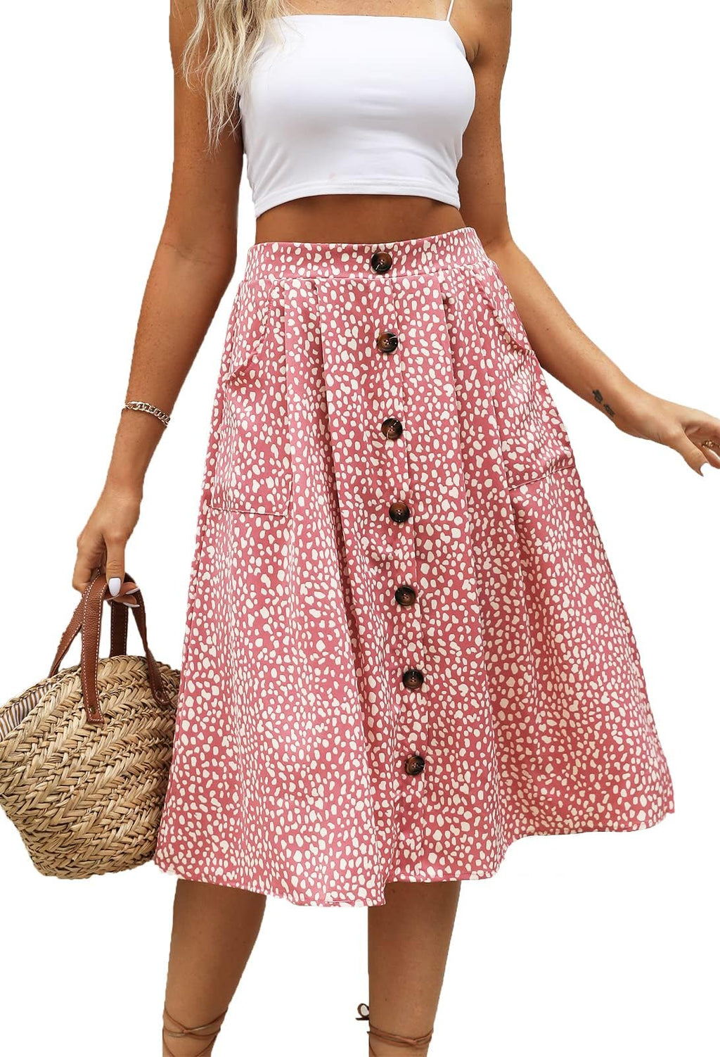 Naggoo Womens Summer Skirts Casual Front Button A-Line High Waisted Midi Skirt with Pockets