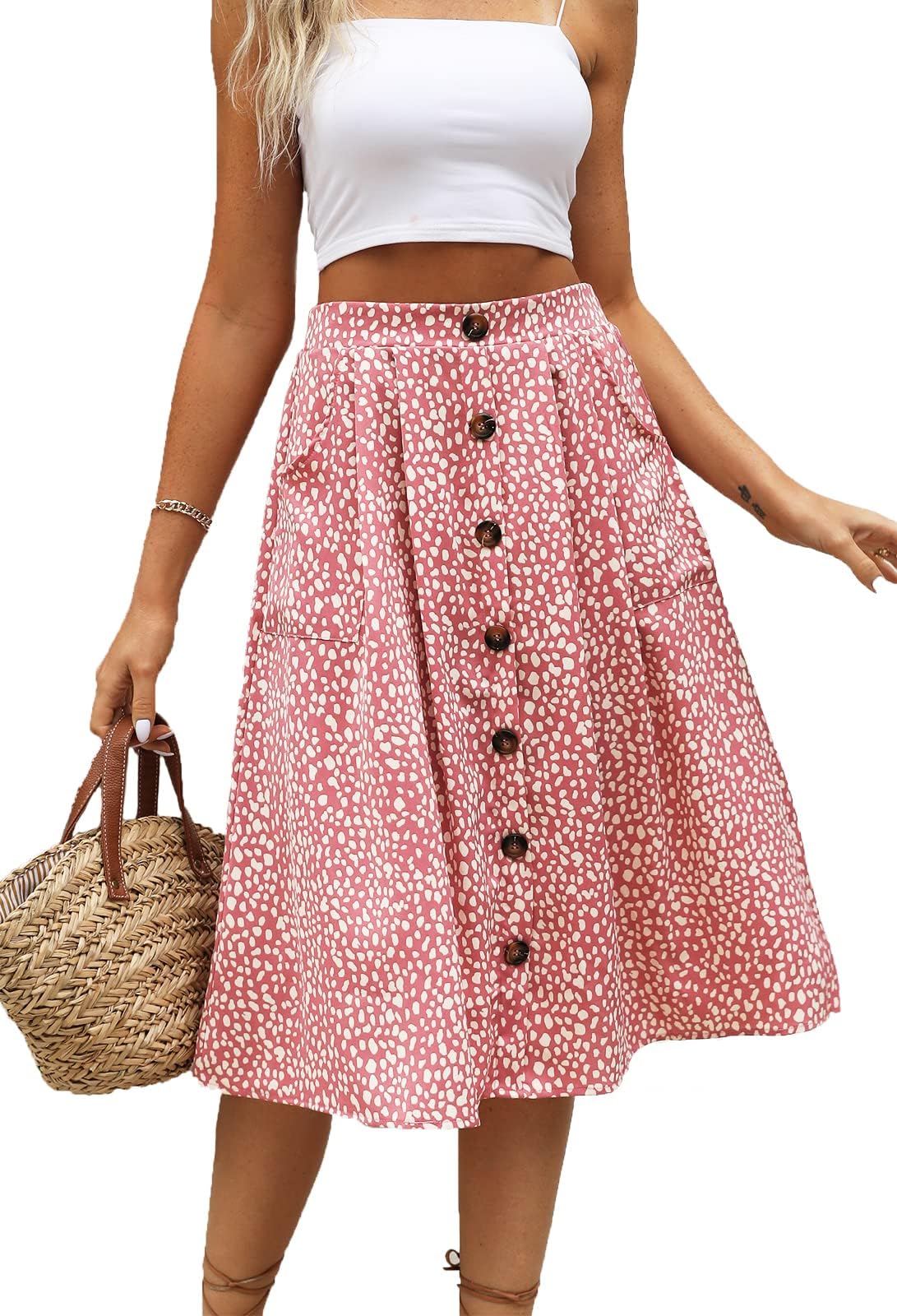 Naggoo Womens Summer Skirts Casual Front Button A-Line High Waisted Midi Skirt with Pockets