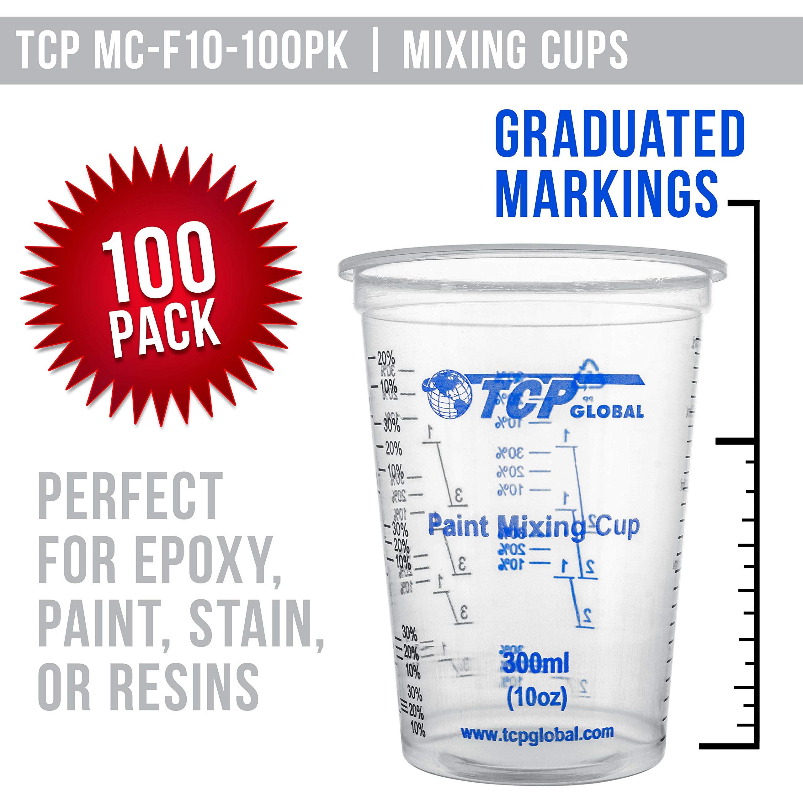 TCP Global 10 oz. (300ml) Graduated Plastic Mixing Cups - Box of 100 with 50 Mixing Sticks - Disposable Plastic Measuring Cups for Liquids, Paints, Resin, Epoxy, Art, Kitchen - Ratios 2-1, 3-1, 4-1 ML