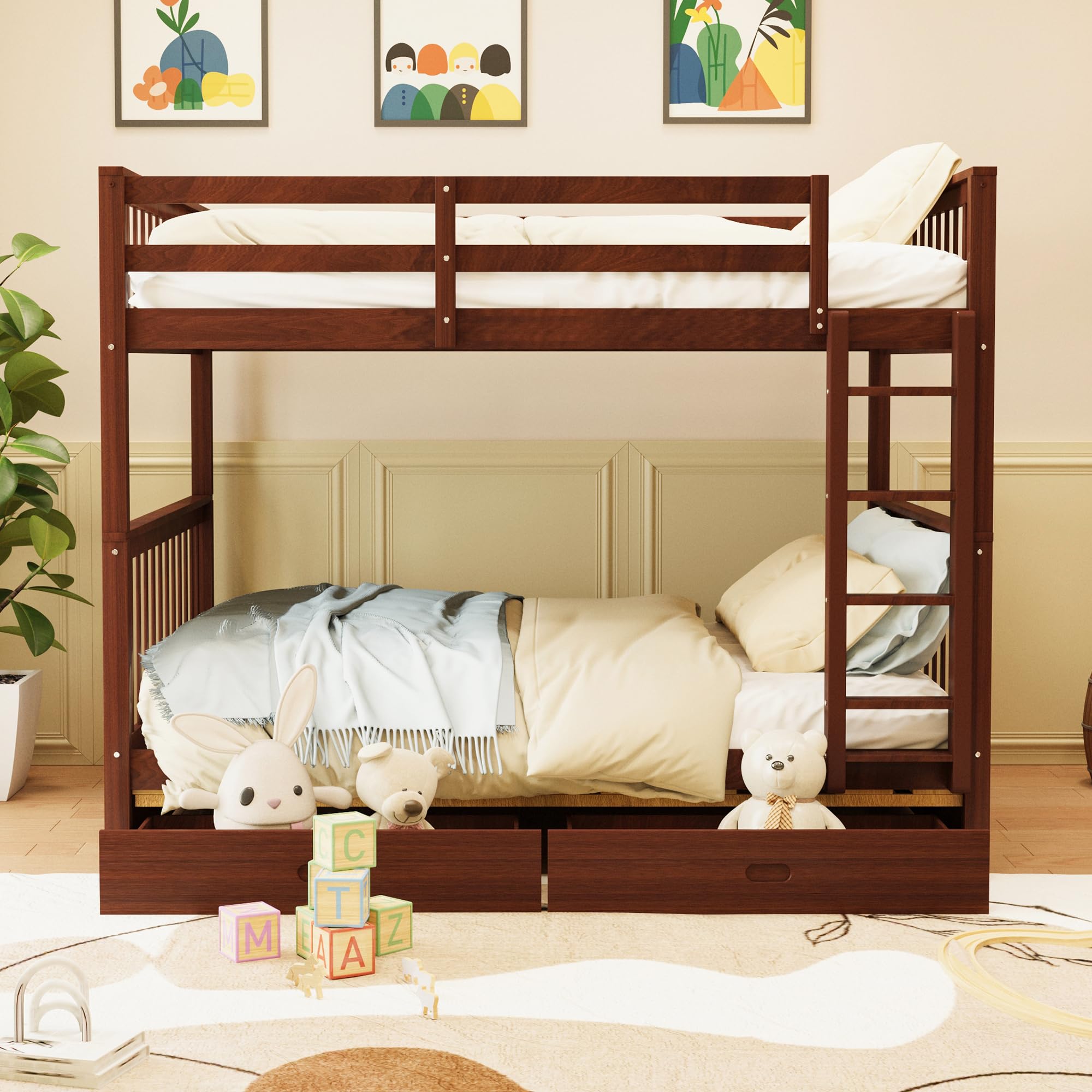 Merax Wood Bunk Bed with Two Drawers,Convertible Wood Bunk Bed with Ladders and Two Storage Drawers,Solid Wood Detachable Bed Frame with Ladders, Twin Over Full Size, Espresso