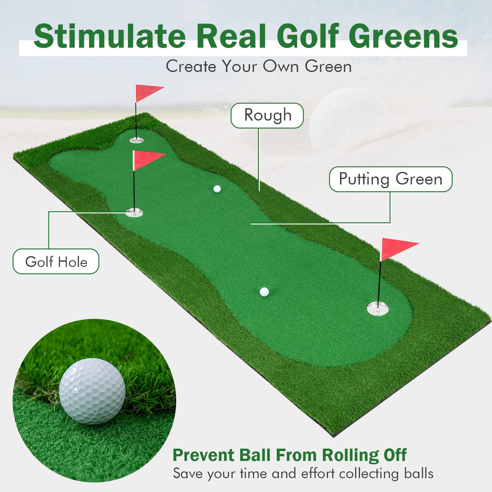 Tangkula 10 FT Golf Putting Green, Large Professional Golf Training Mat with Realistic Artificial Grass Turf, 3 Holes, 3 Flags and Cups for Indoor Outdoor Putting Practice