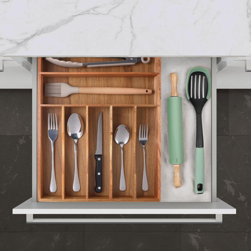 Expandable Acacia Kitchen Drawer Organizer for Cutlery and Utensils, Adjustable Acacia Wood Cutlery Tray in Drawer for Flatware and Silverware in Kitchen