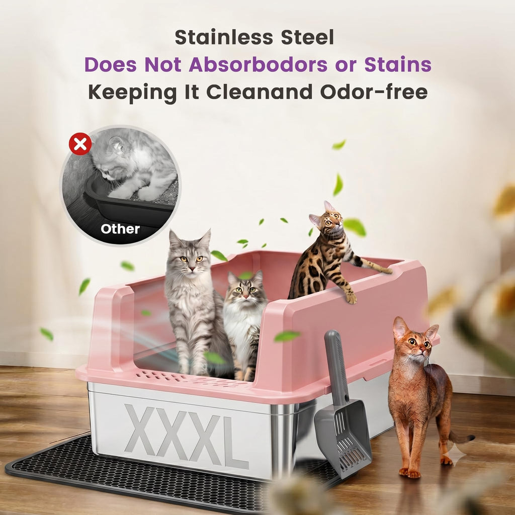 Extra Large XXL Stainless Steel Cat Litter Box with Lid, 26" L x 18" W x 12" H Metal Litter Box with Hight Sides for Big Cats & Multiple Cats, Never Absorbs Odors, Anti-Urine Leakage, Easy Cleaning