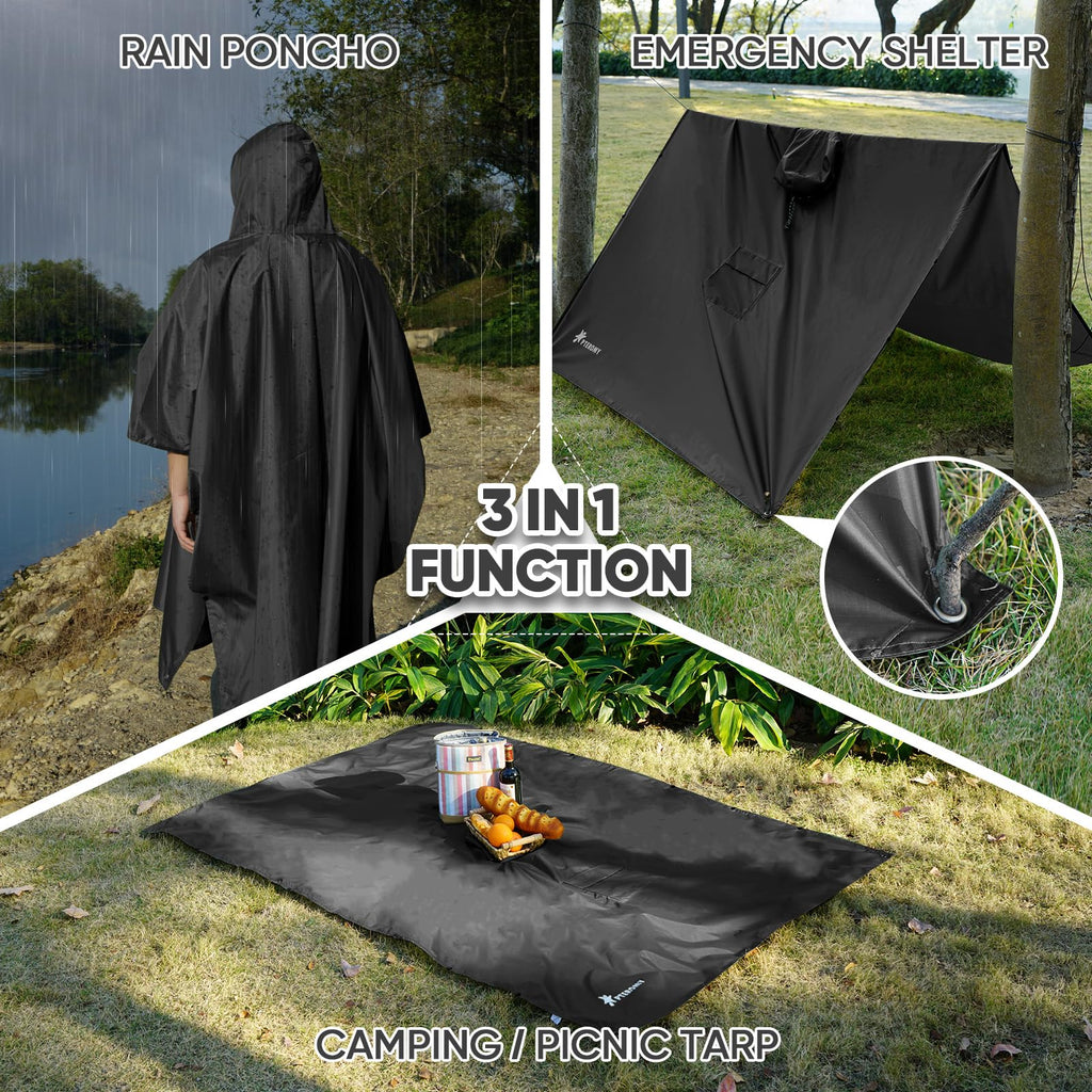 PTEROMY 3-in-1 Hooded Rain Poncho for Adult with Pocket, Waterproof Lightweight Unisex Raincoat for Hiking Camping Emergency