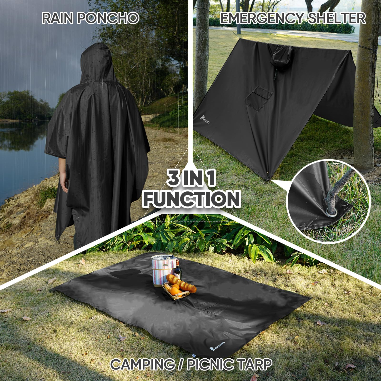 PTEROMY 3-in-1 Hooded Rain Poncho for Adult with Pocket, Waterproof Lightweight Unisex Raincoat for Hiking Camping Emergency