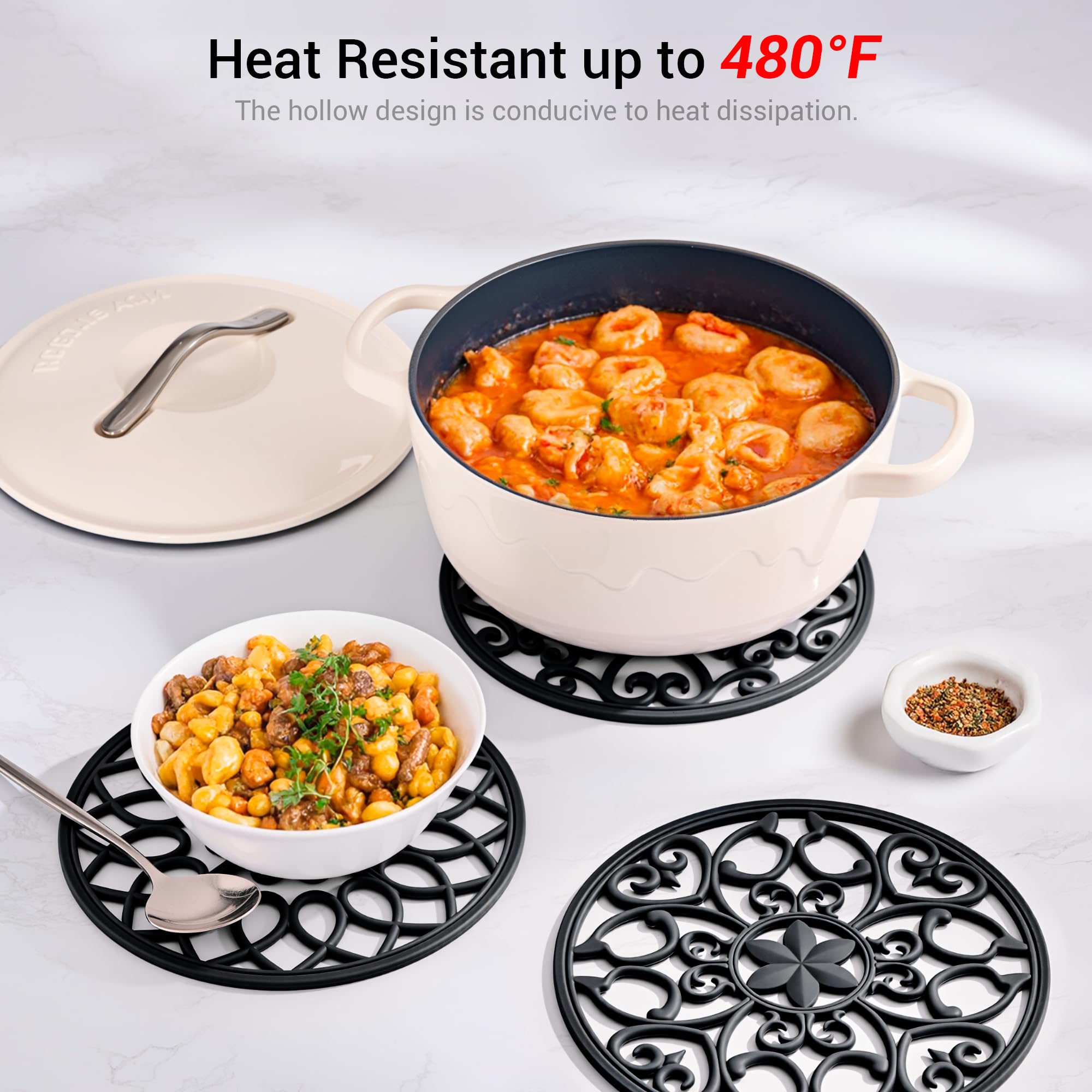 SMARTAKE 6 Set Silicone Trivet Mats for Hot Dishes, Heat Resistant Pots and Pans Holders, Non-Slip Flexible Hot Pads Coasters for Countertops Table, Modern Kitchen Decor Accessories (Black)