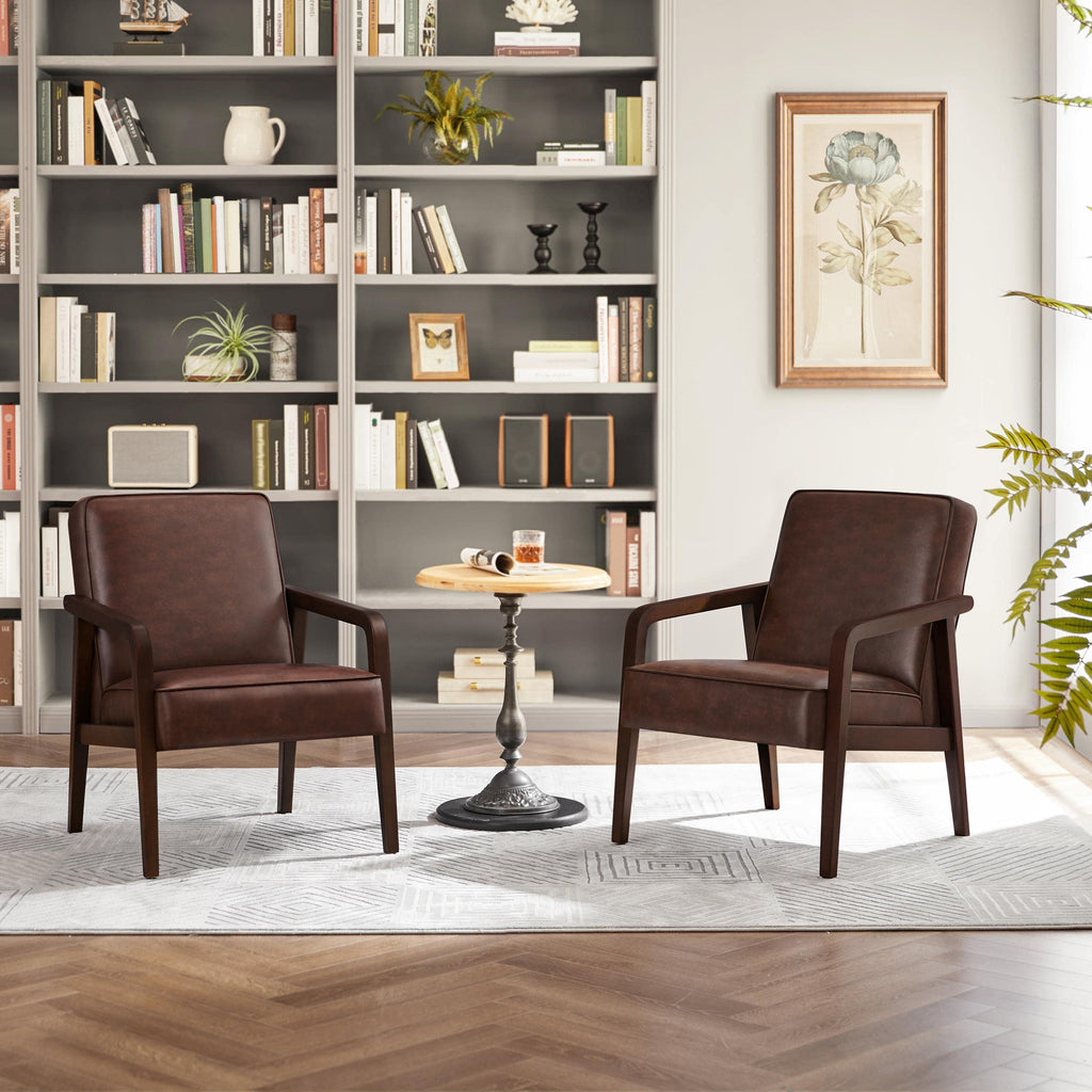 Yaheetech Accent Chair, PU Leather Reading Chair, Mid Century Modern Arm Chair with Solid Wood Frame for Living Room Bedroom Waiting Room, 2 Pieces, Black