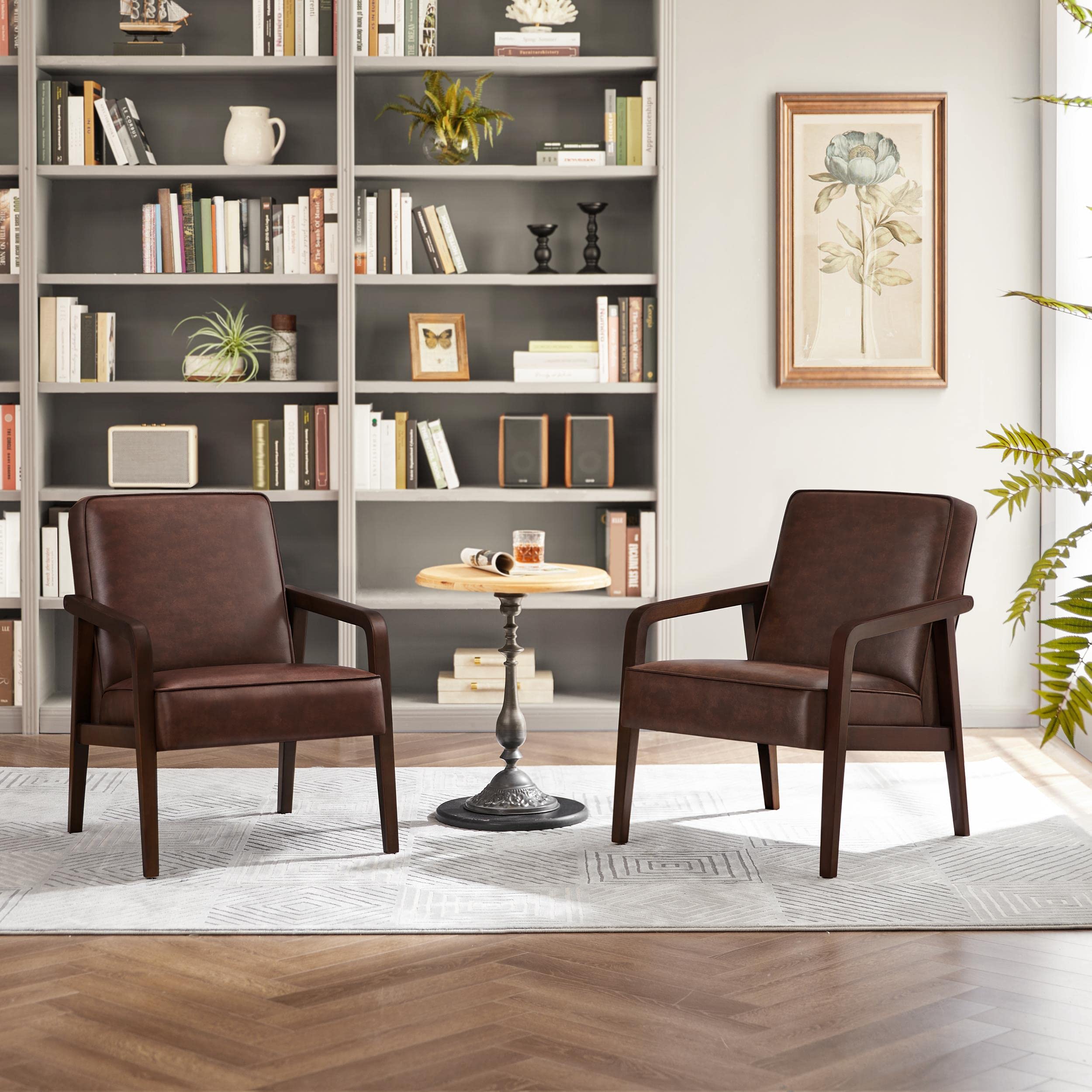 Yaheetech Accent Chair, PU Leather Reading Chair, Mid Century Modern Arm Chair with Solid Wood Frame for Living Room Bedroom Waiting Room, 2 Pieces, Black