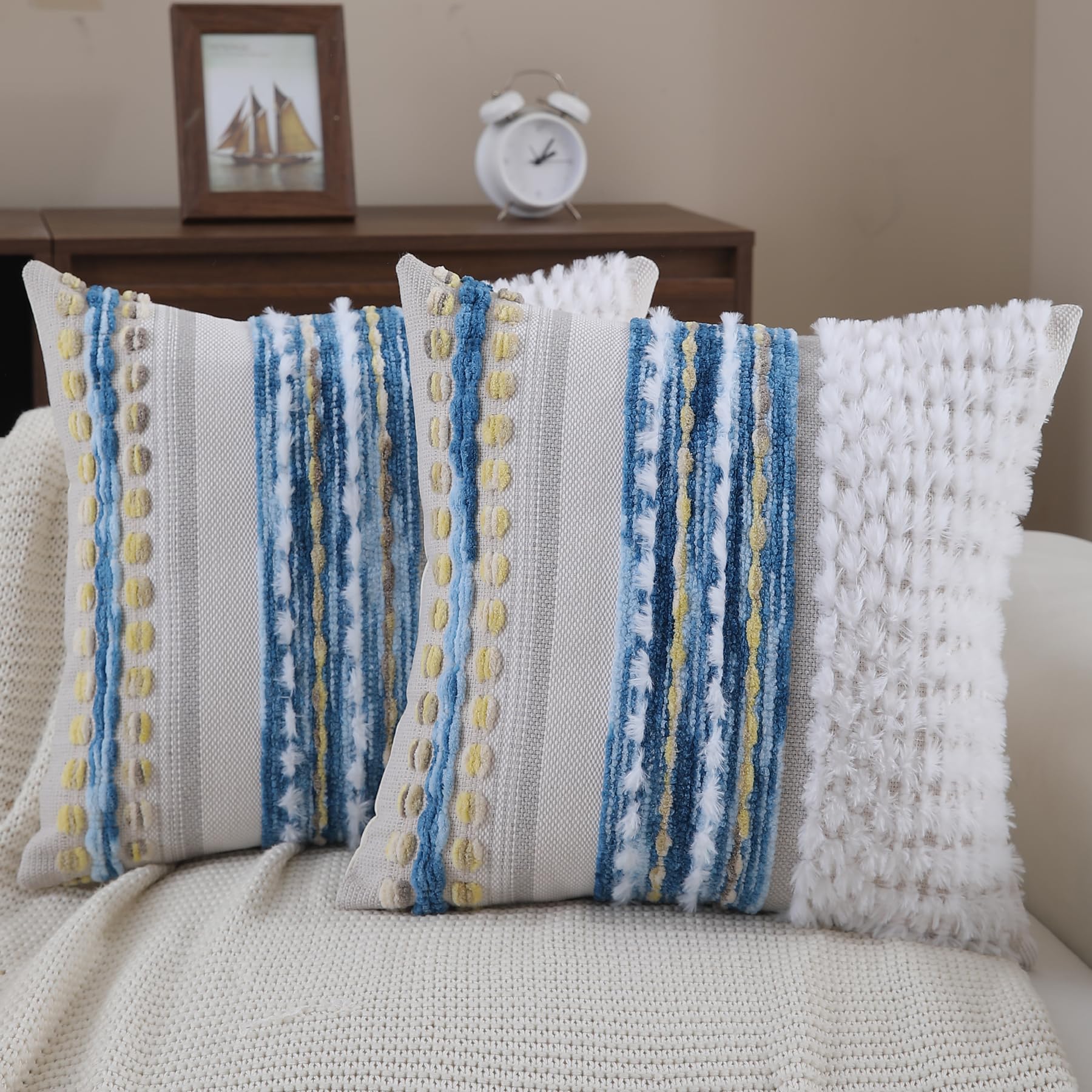 Boho Pillow Covers 18x18 Set of 2 for Couch-Modern Farmhouse Sofa Decorative Throw Pillow Covers Textured Chenille Cushion Covers Outdoor Netural Bohemian Pillow Cases Square