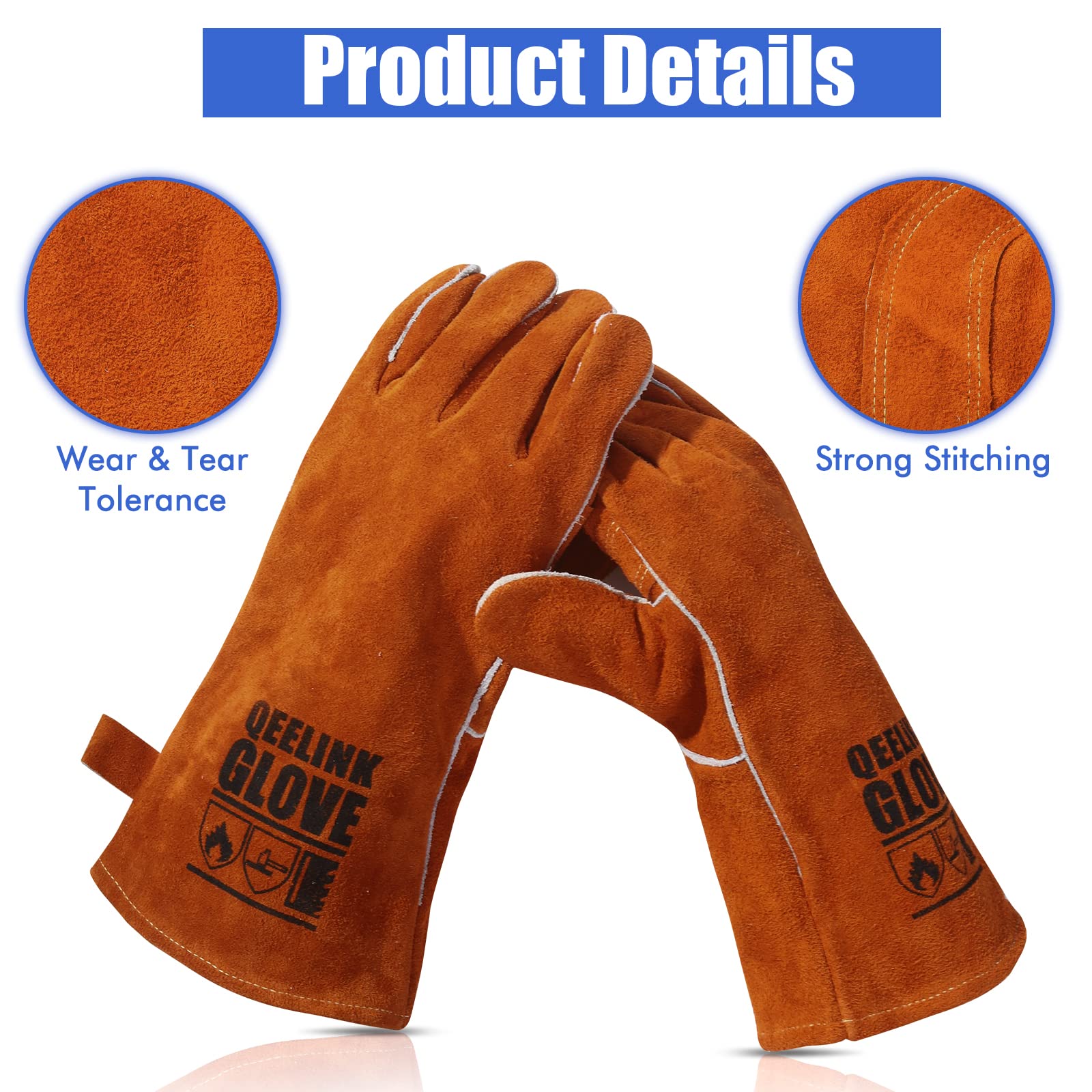 QeeLink Welding Gloves - Heat Resistant Leather and Fireproof Stitching for Fireplace Fire Pit Wood Stove BBQ Gardening Gear